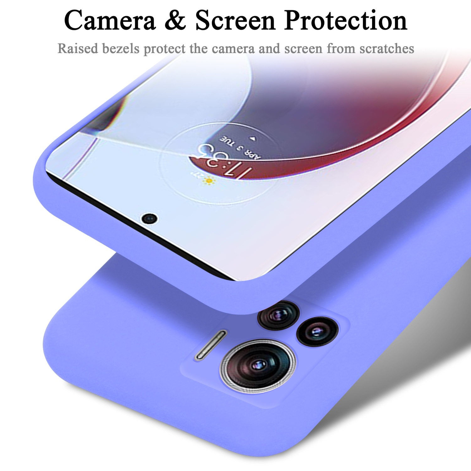 Custodia lilla per proteggere schermo e fotocamera. Testo: Protezione fotocamera e schermo.