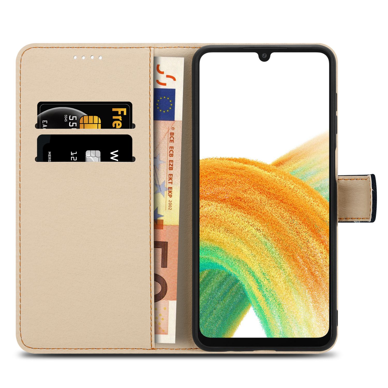 Una custodia per telefono con carte e denaro, che mostra un design a portafoglio con lo schermo del telefono aperto.