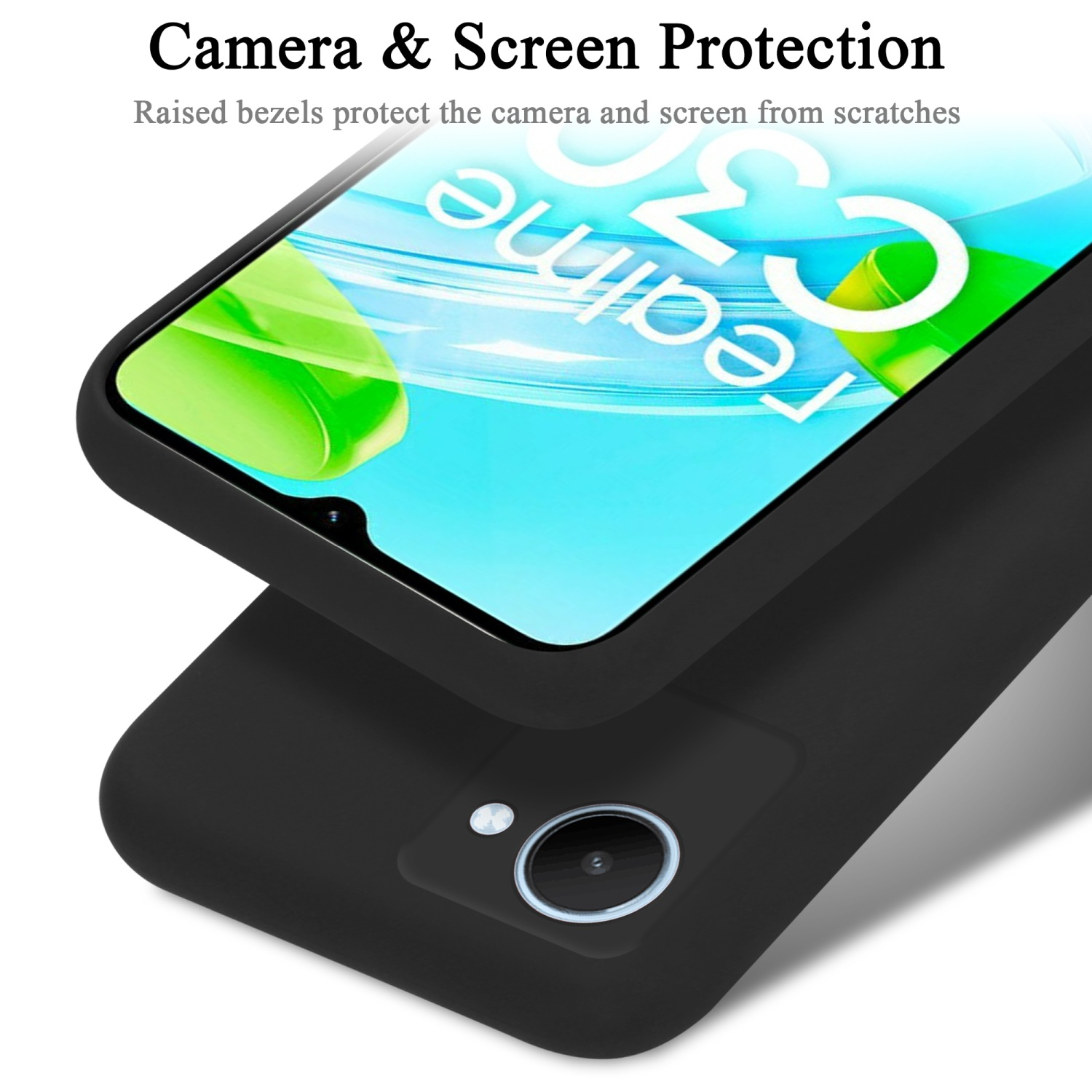 Handyhülle mit Telefon darin. Telefonbildschirm zeigt Logo. Text: Camera & Screen Protection.