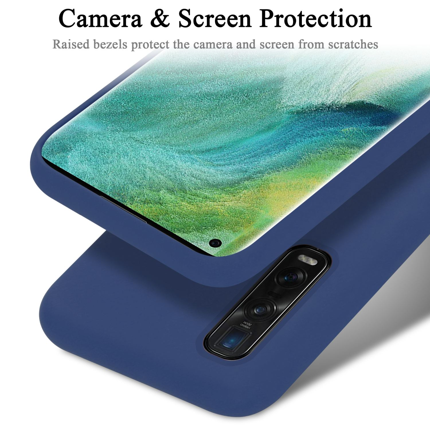 Blaue Handyhülle mit Smartphone-Bildschirm und Text 'Camera & Screen Protection'.