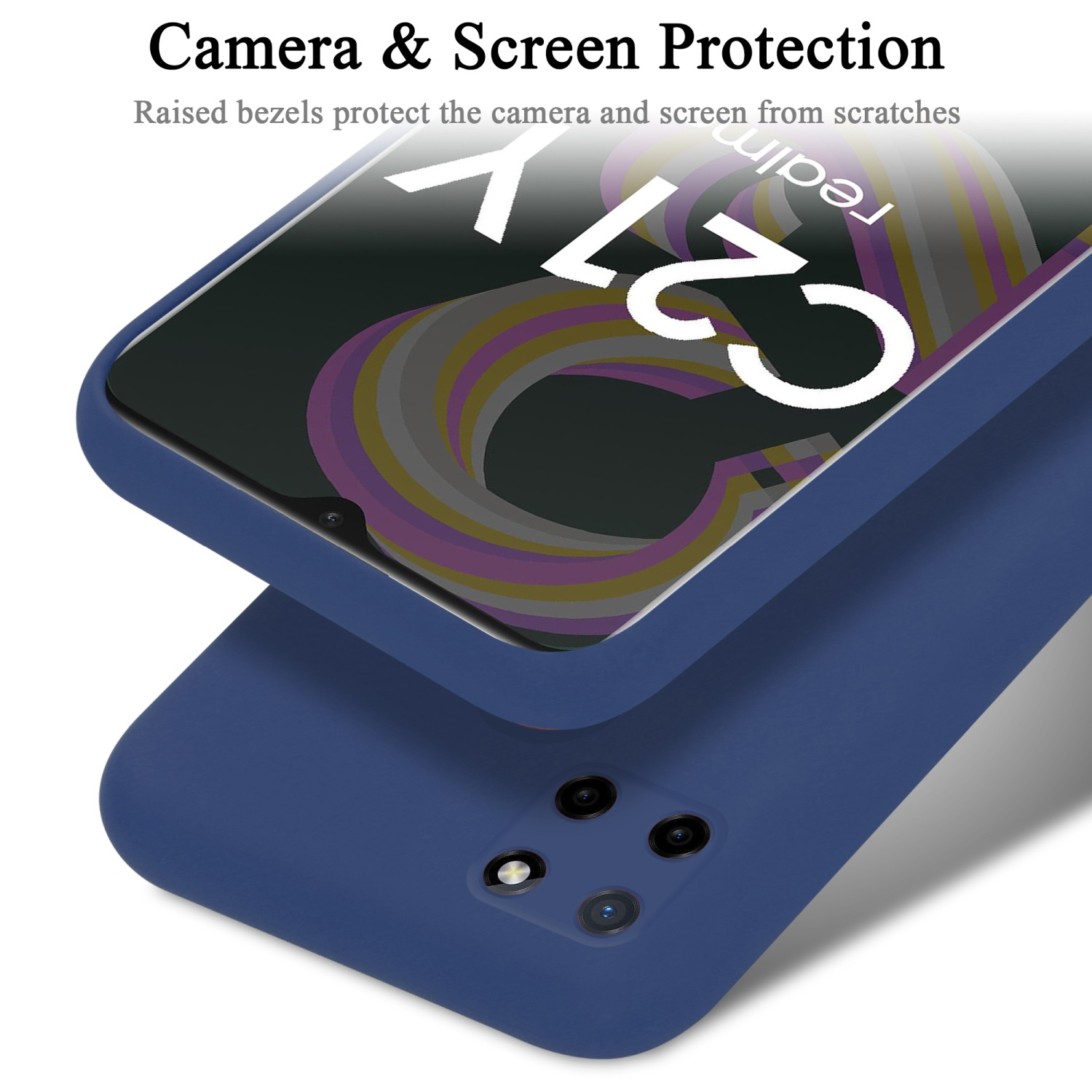 Ein blaues Telefon mit Displayschutz. Der Text Camera & Screen Protection steht oben.