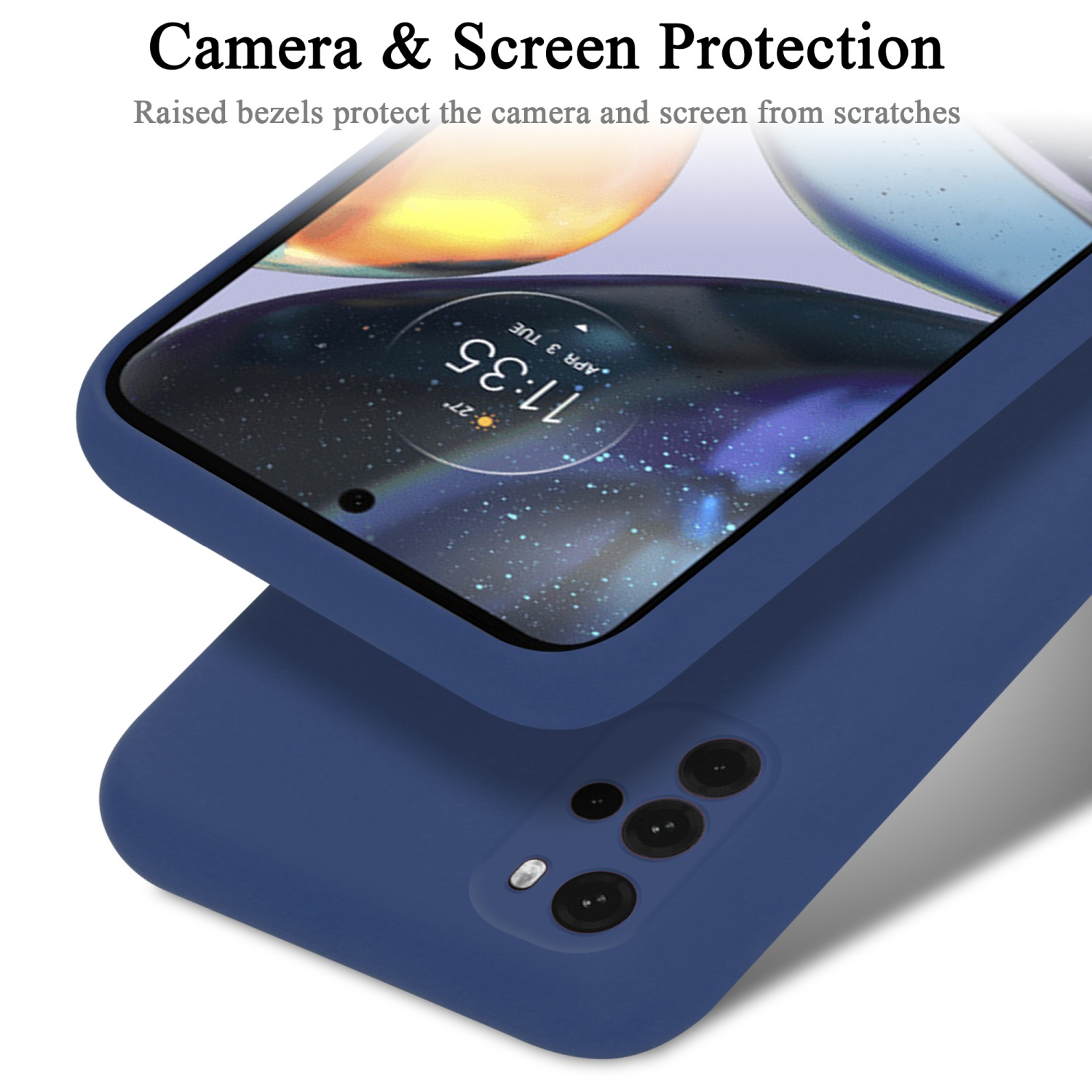 Blaue Handyhülle mit Telefon. Text: Kamera- und Bildschirmschutz.