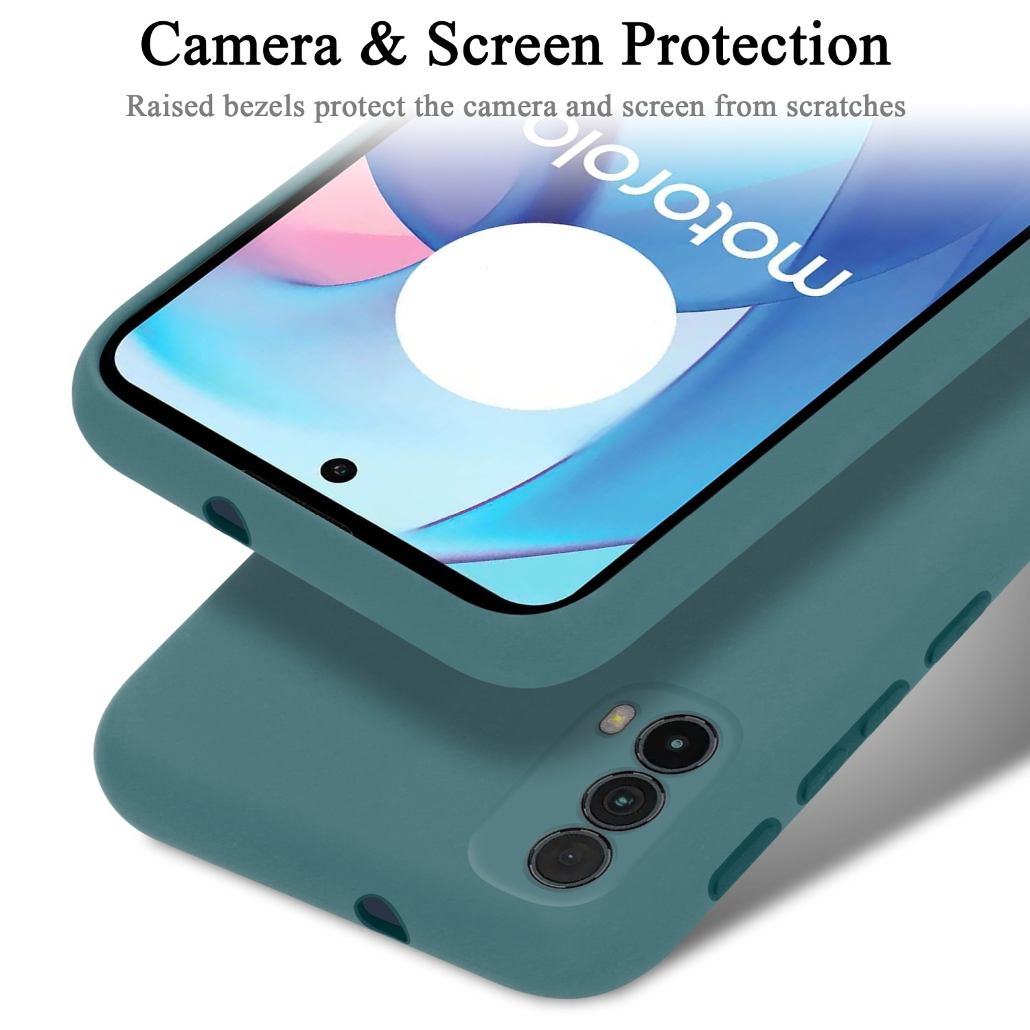 Una custodia per telefono verde acqua scuro con un telefono all'interno. La protezione della fotocamera e dello schermo sono evidenziate.