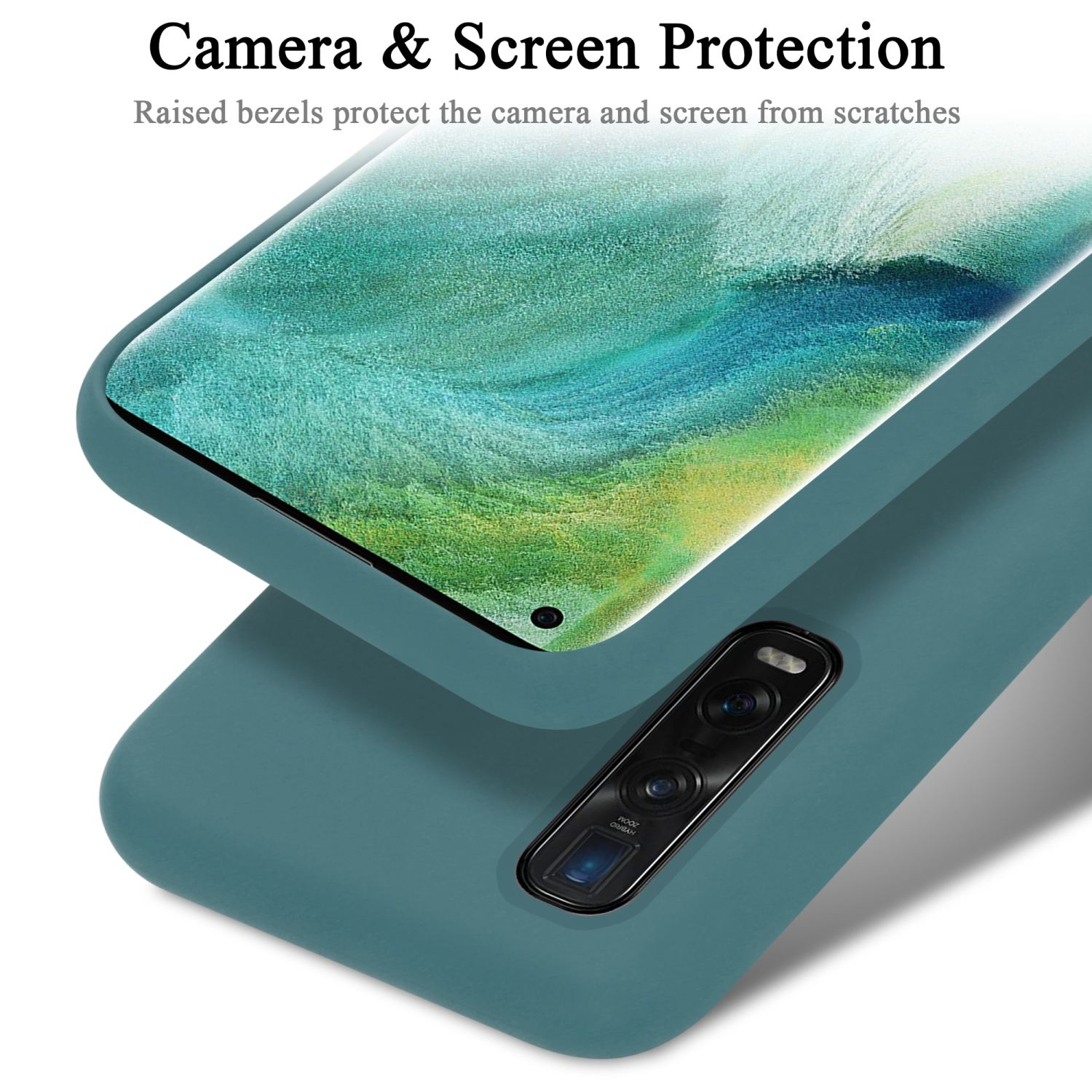Eine teal Handyhülle mit einem Telefon darin. Die Kameras sind sichtbar.