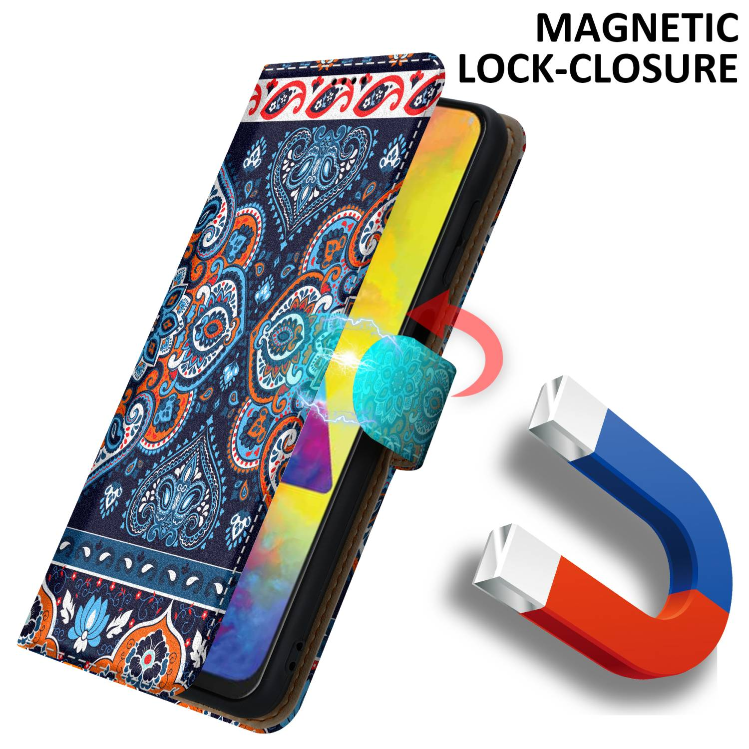 Custodia per telefono aperta con chiusura magnetica. Ha un design a paisley.