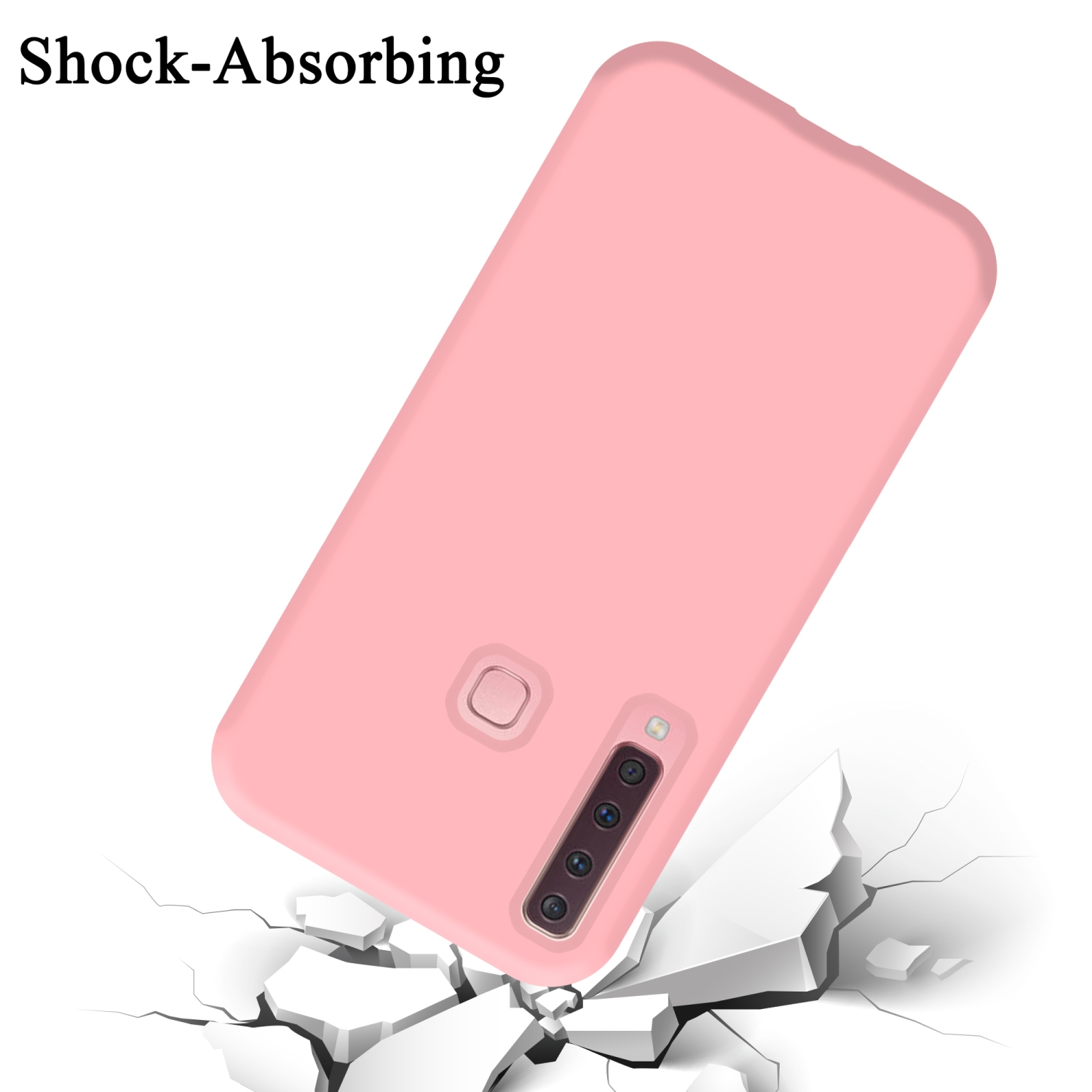Una custodia per telefono rosa che cade con crepe che si formano sotto.