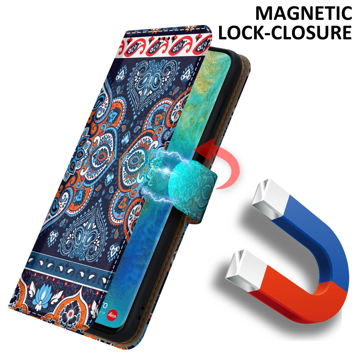Coque de téléphone avec fermeture magnétique. L'étui a un motif floral coloré.