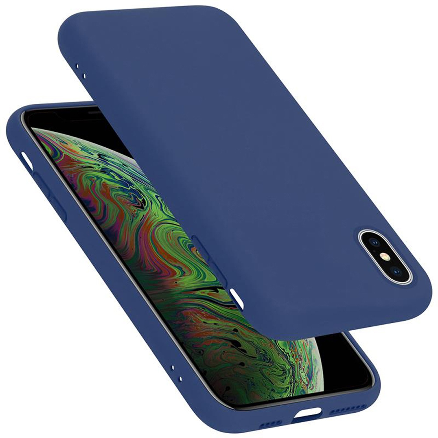 Blaue Handyhülle. Telefon darin mit sichtbarem Bildschirm. Hülle geöffnet, Telefon sichtbar.