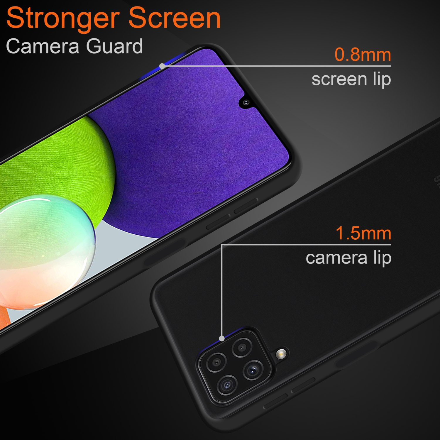 Custodia per telefono con protezione schermo e fotocamera. Custodia nera con telefono nero.