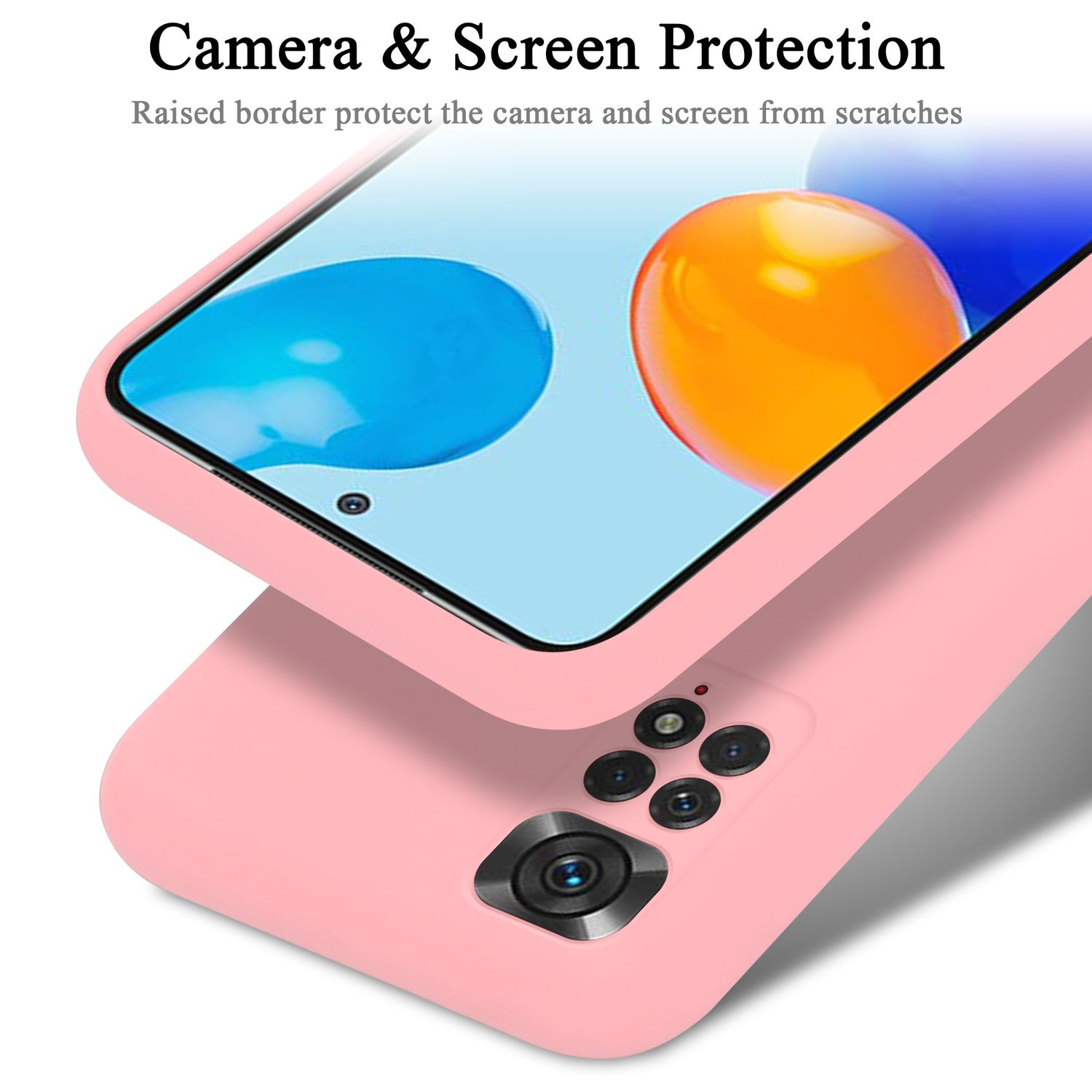 Eine rosa Handyhülle, die ein Smartphone schützt. Der Bildschirm zeigt zwei bunte Kreise.