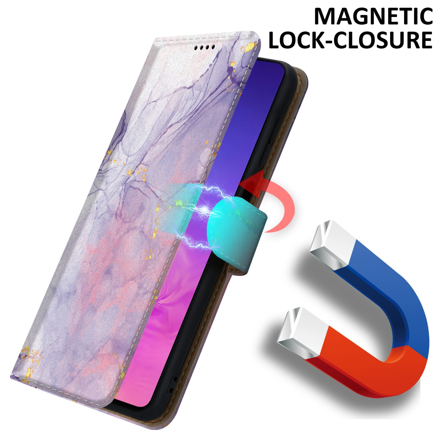 Custodia per telefono con chiusura magnetica, telefono aperto e un magnete.