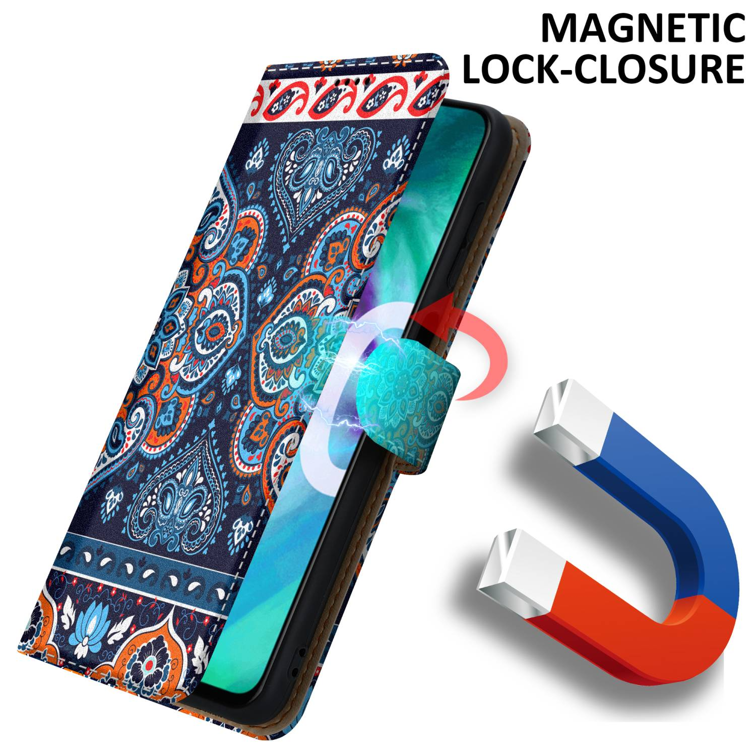 Handyhülle mit Ornament, Magnetverschluss sichtbar, Magnet in der Nähe.