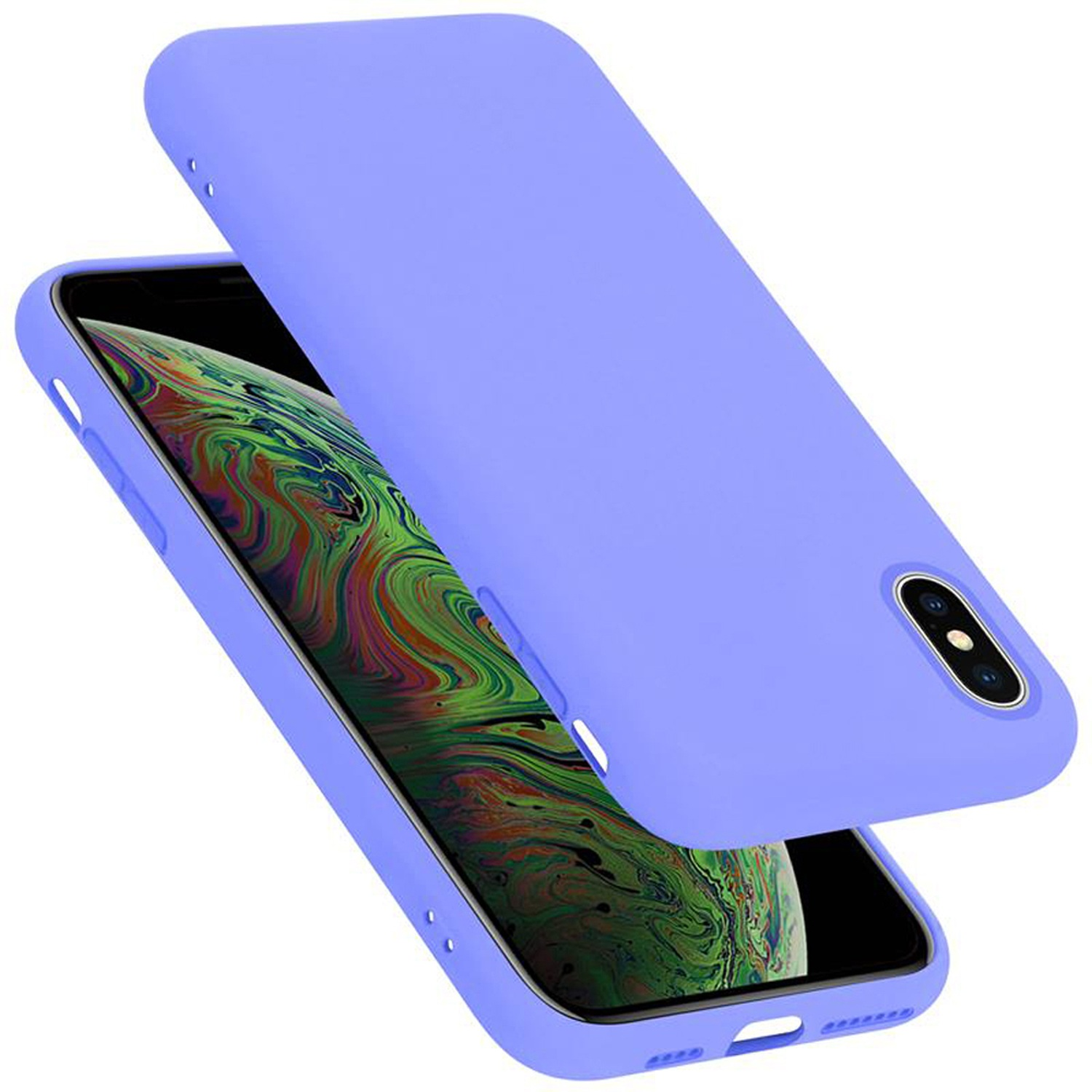 Eine blaue Handyhülle mit einem Telefon darin. Die Hülle hat eine glatte, einfarbige blaue Farbe.