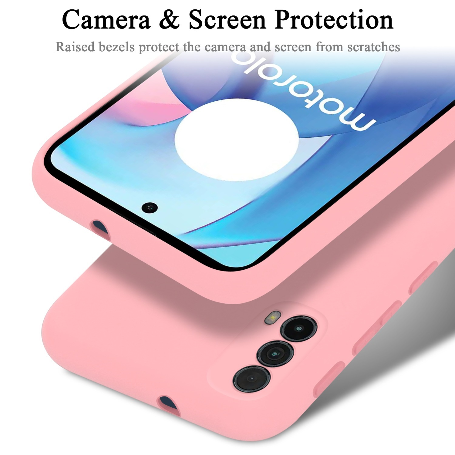 Custodia rosa che protegge un telefono, con protezione per fotocamera e schermo.