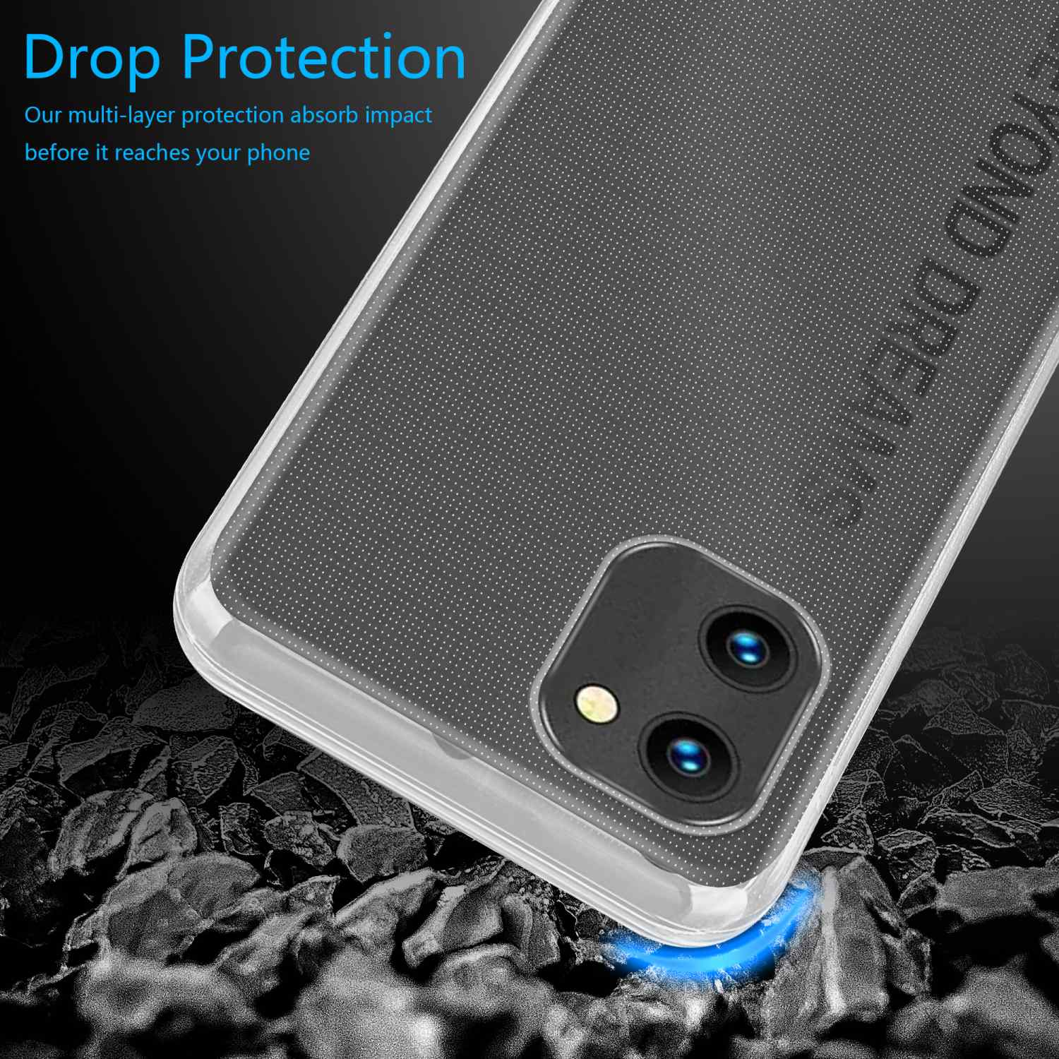 Una custodia per telefono che cade su una superficie, con il testo 'Drop Protection'.
