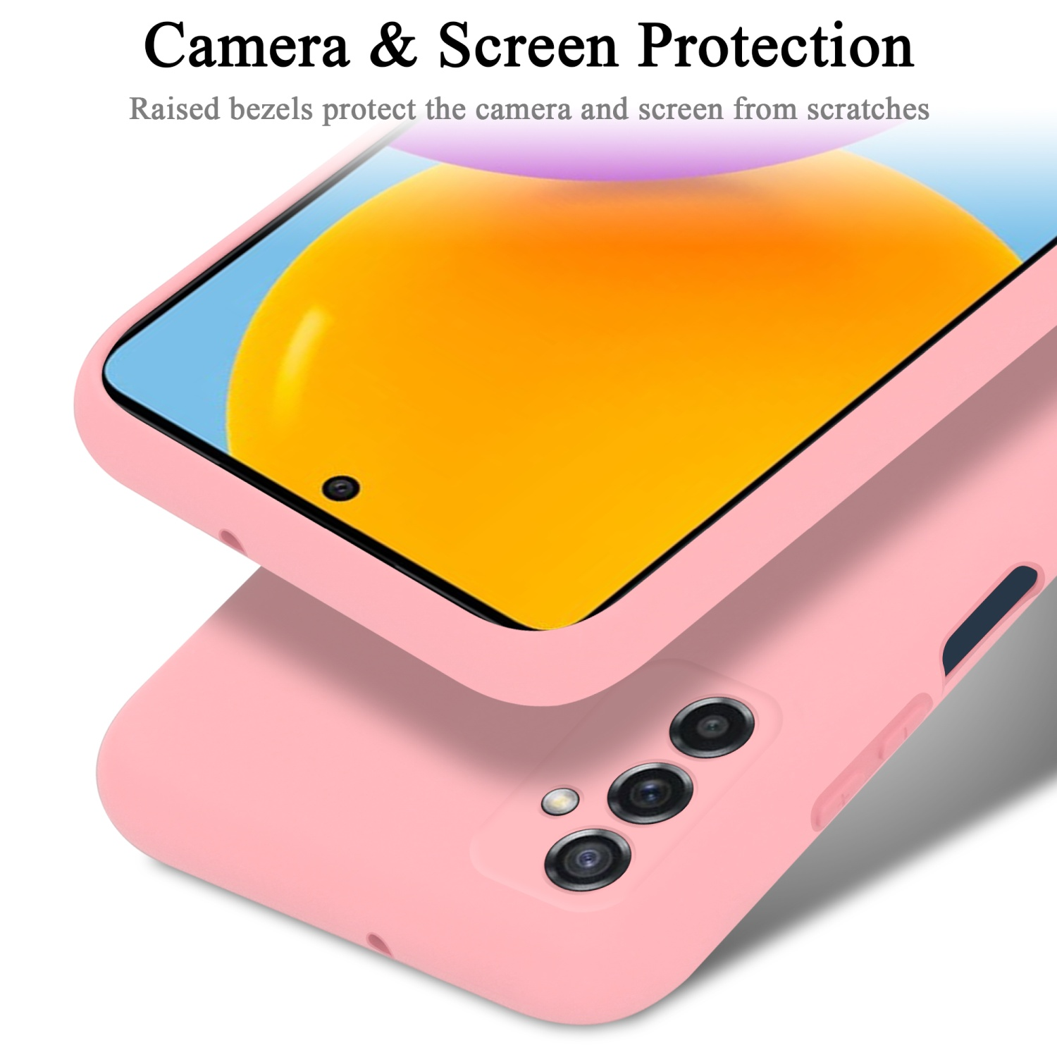 Custodia rosa protegge schermo e fotocamera del telefono. Cornici rialzate.