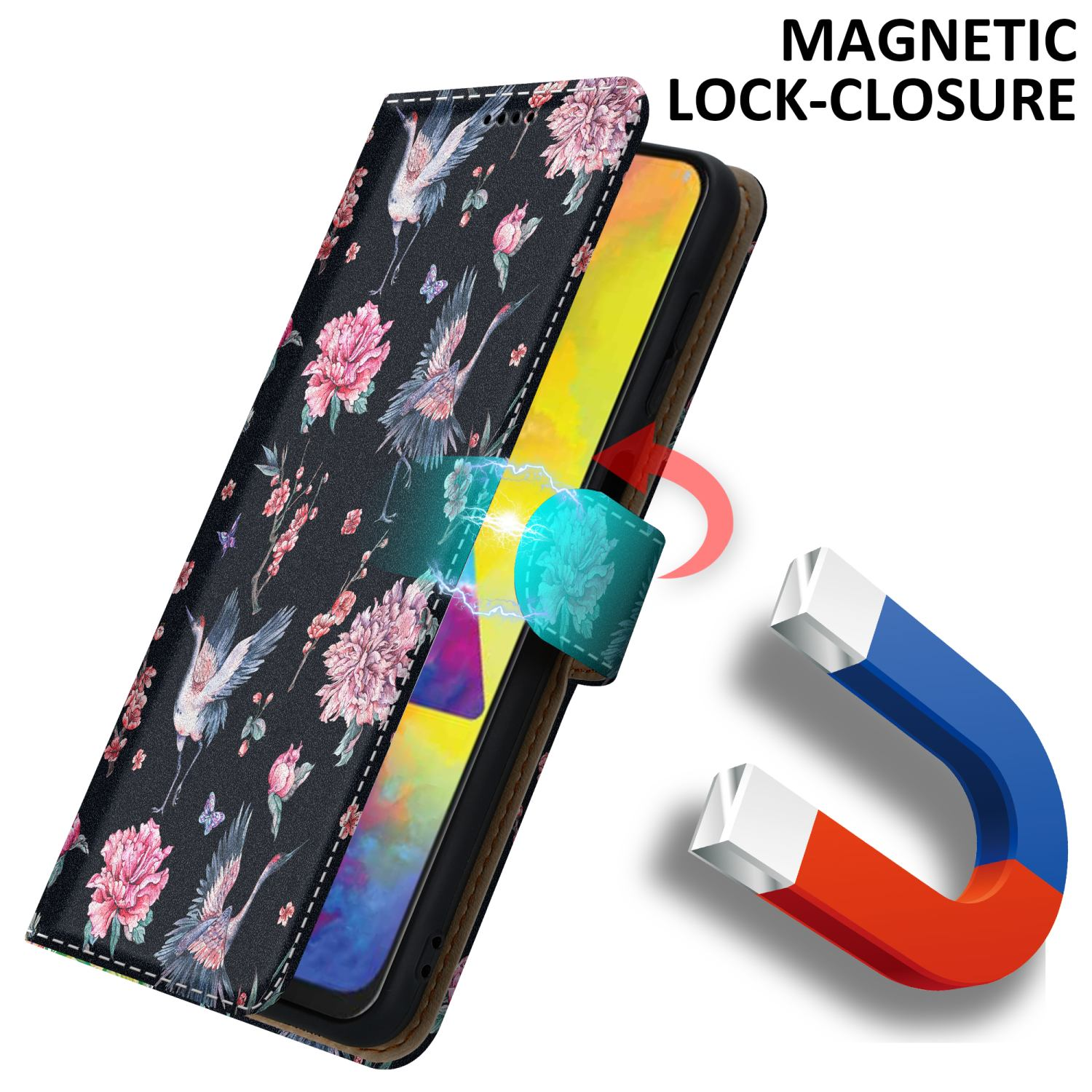 Custodia per telefono aperta con un motivo floreale. Un magnete si attacca al telefono. Testo: Chiusura magnetica.
