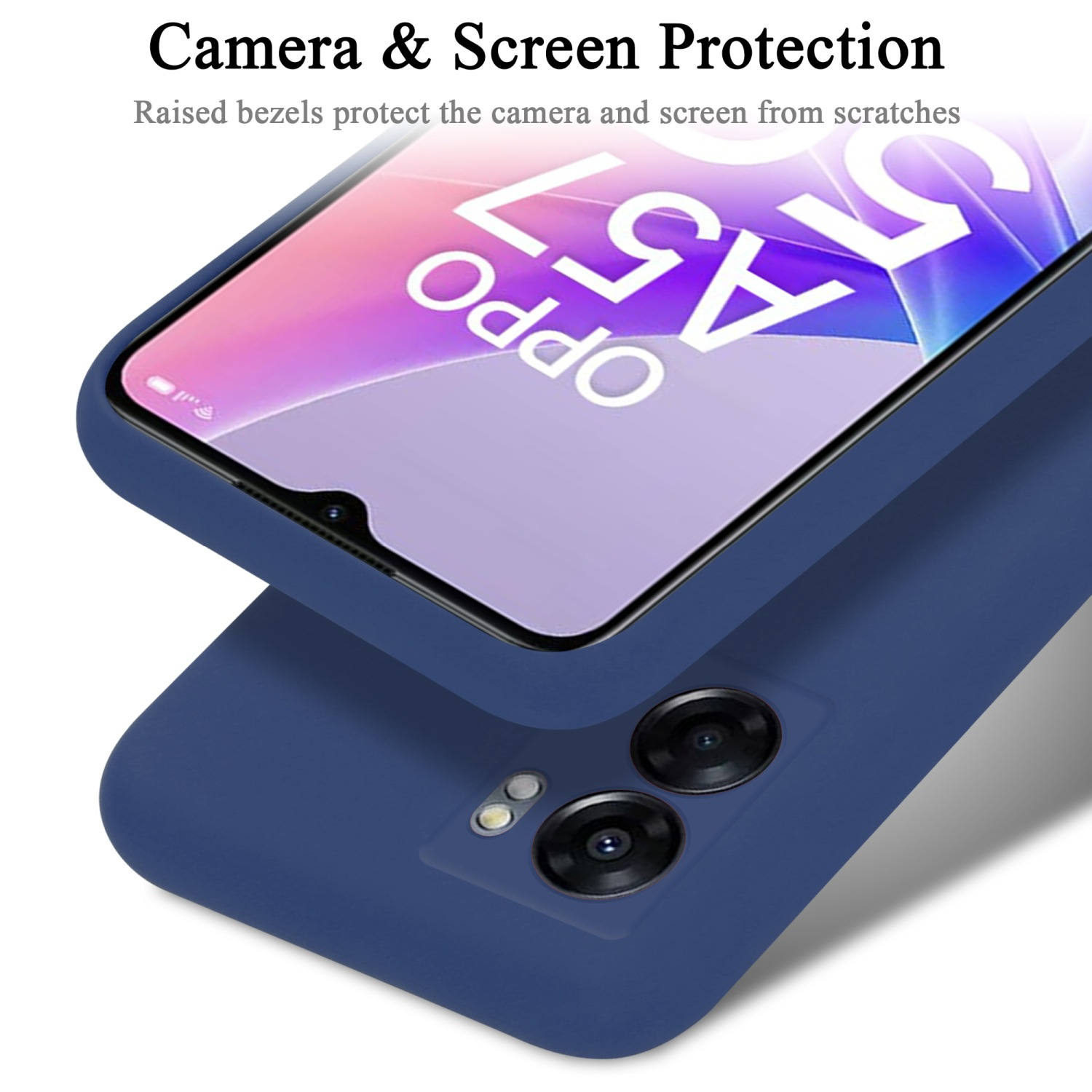 Handyhülle mit Telefon, Bildschirm sichtbar. Blaue Hülle mit Telefon auf Oberfläche, Kamera sichtbar.