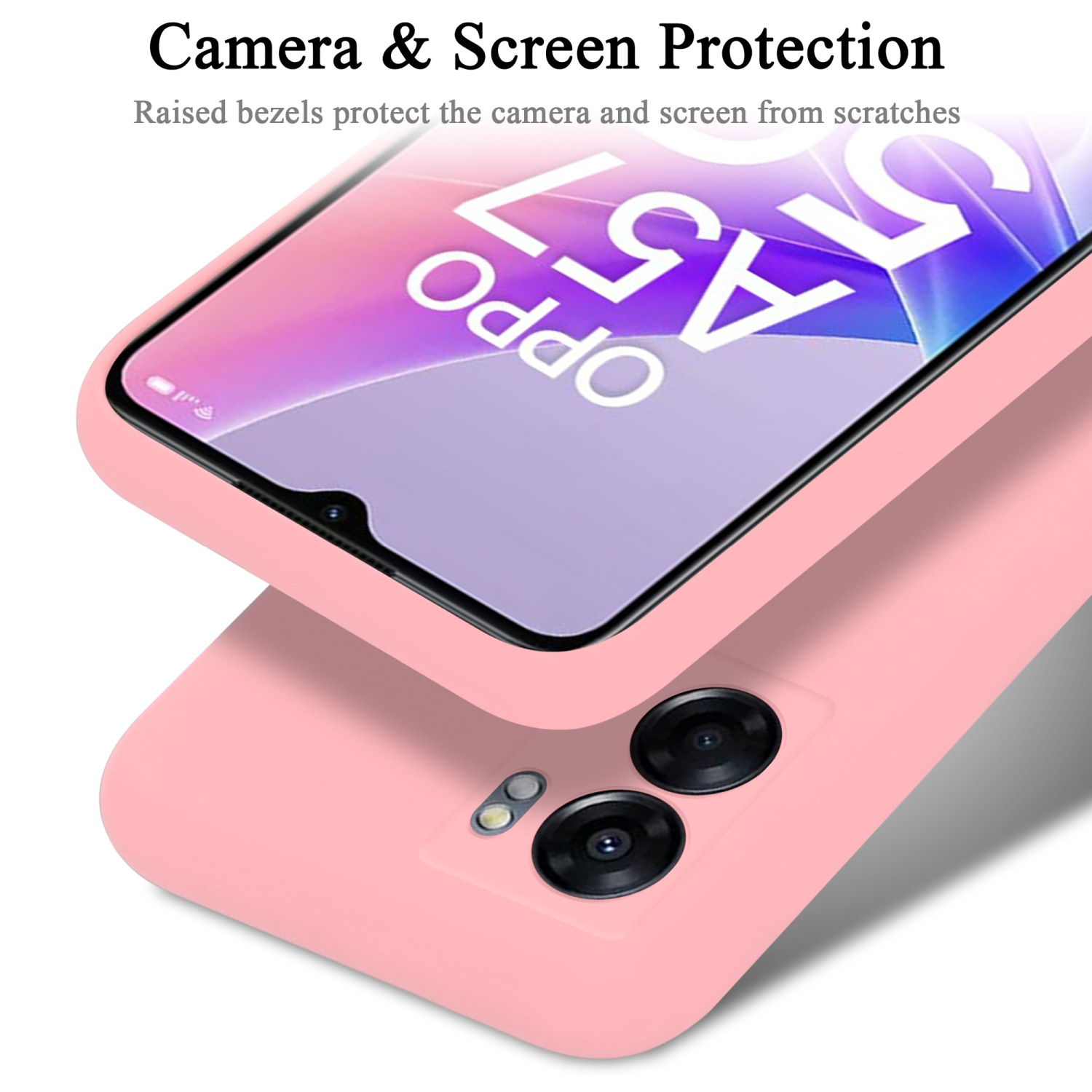Rosa Handyhülle mit Displayschutz. Text: 'Kamera & Bildschirmschutz'. Oppo A57 auf dem Bildschirm.