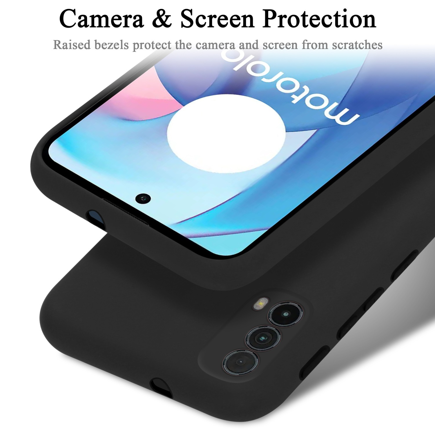Schwarze Handyhülle, zeigt Kamera- und Bildschirmschutz, mit Motorola-Logo auf dem Bildschirm.