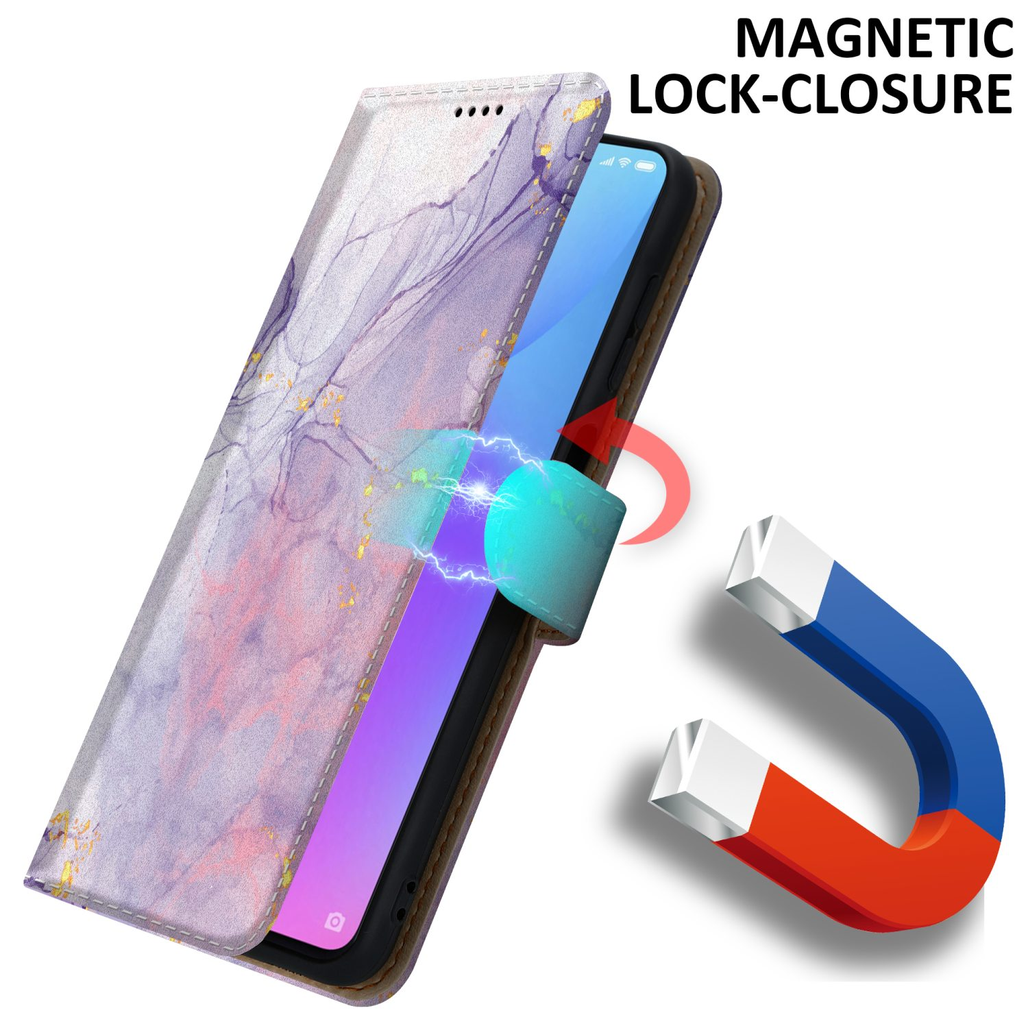 Una custodia per telefono con chiusura magnetica. Un magnete è mostrato mentre attira la custodia.