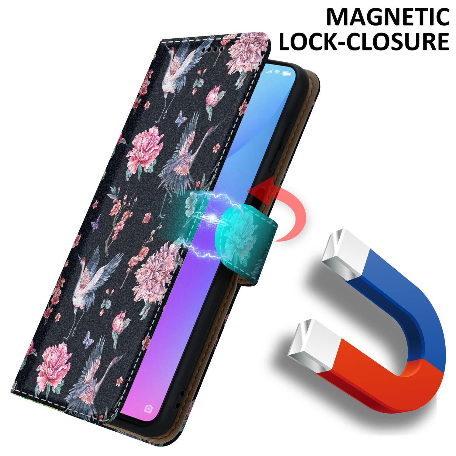 Custodia nera con design floreale, chiusura magnetica con un magnete.