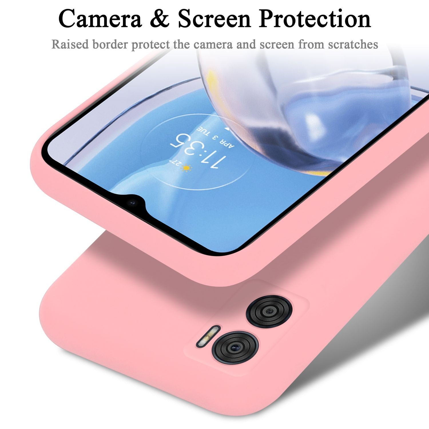 Nahaufnahme einer rosa Handyhülle über einem Telefon. Die Hülle hat einen erhöhten Rand.