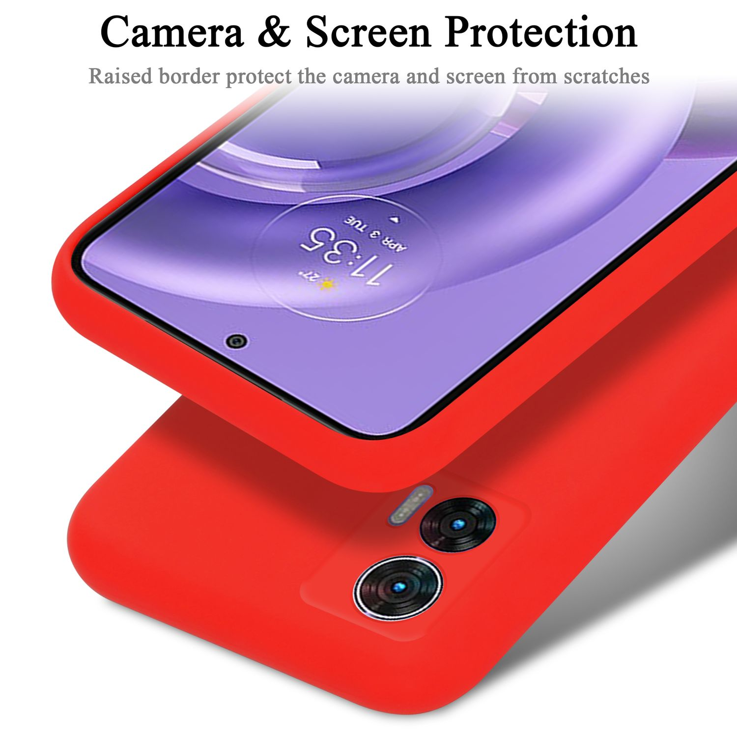 Eine rote Handyhülle mit einem Telefon darin. Die Hülle schützt die Kamera und den Bildschirm.