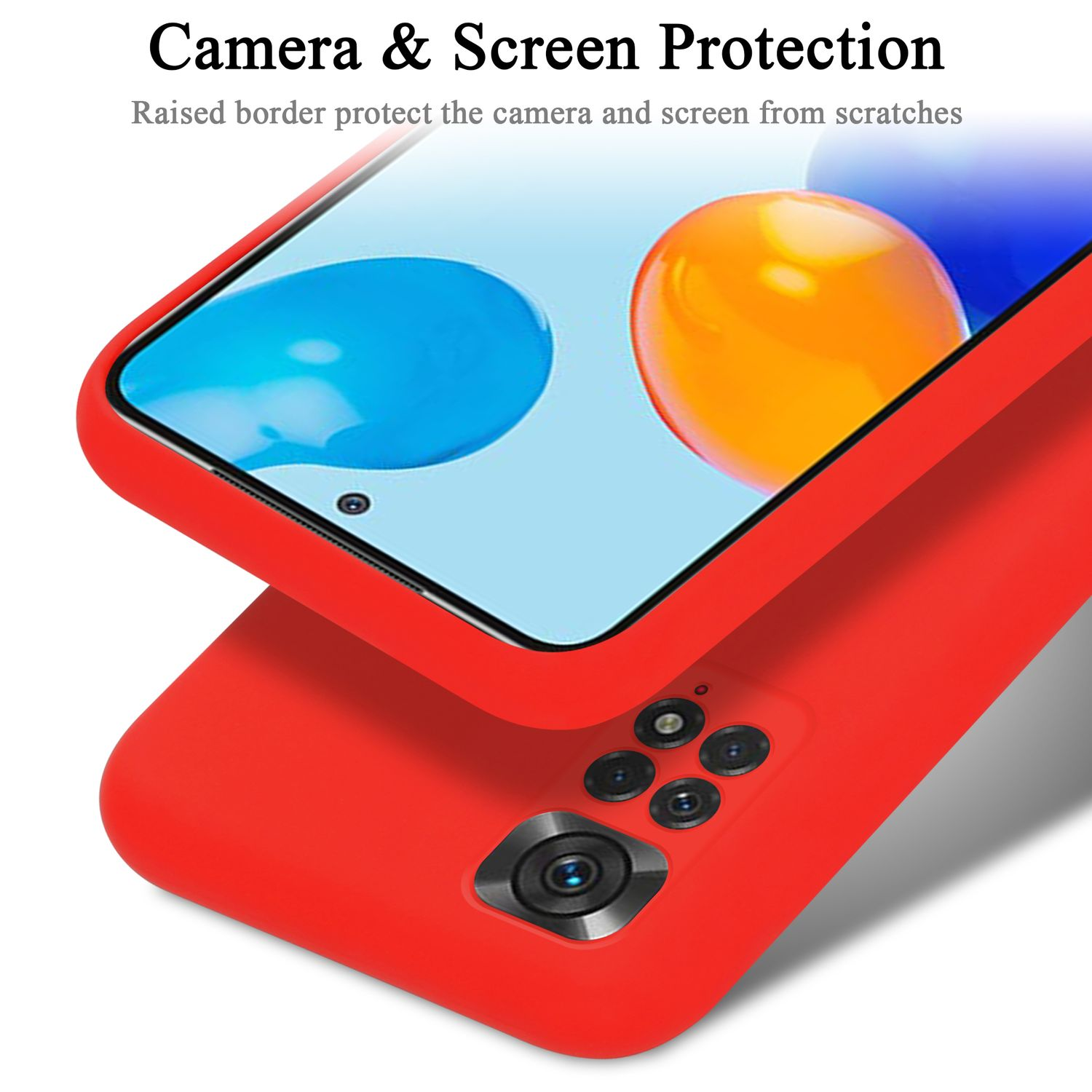Rote Handyhülle bedeckt Telefon. Bildschirm zeigt Design mit orange und blauen Kreisen.