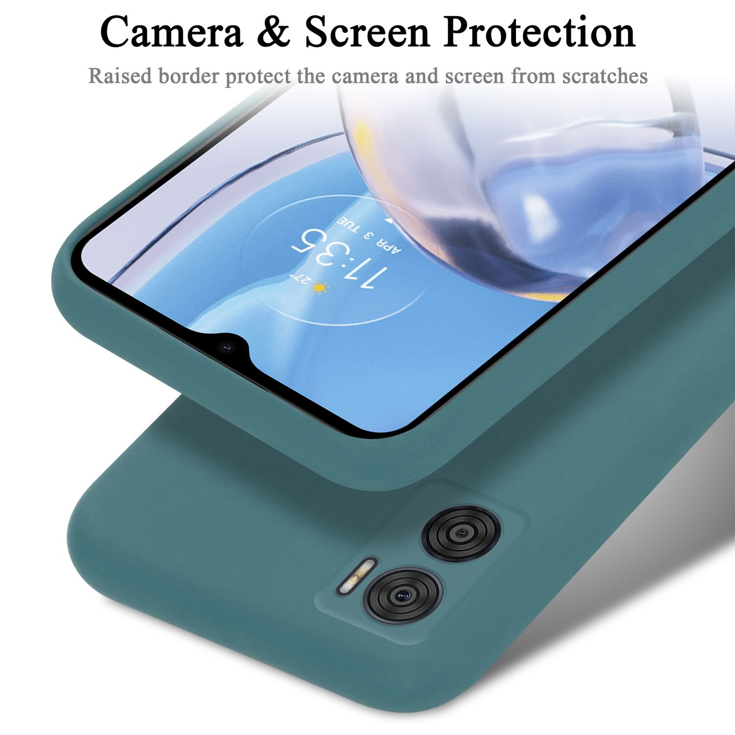 Eine teal Handyhülle mit einem Telefon, das einen Bildschirm anzeigt. Die Hülle hat eine Kamera und Blitz.