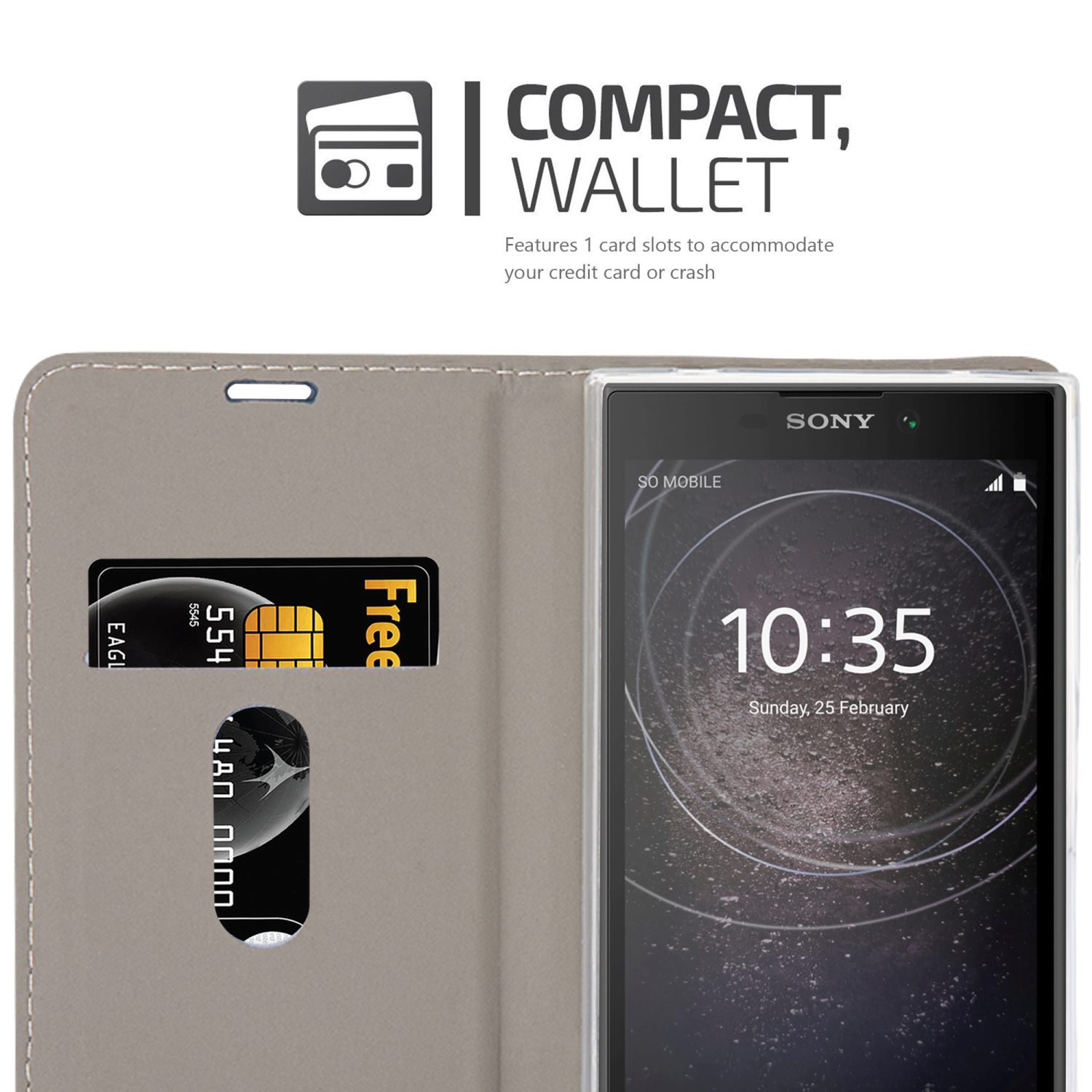 Handyhülle mit Kreditkarten, einem Telefon und dem Text: 'Compact, Wallet'.