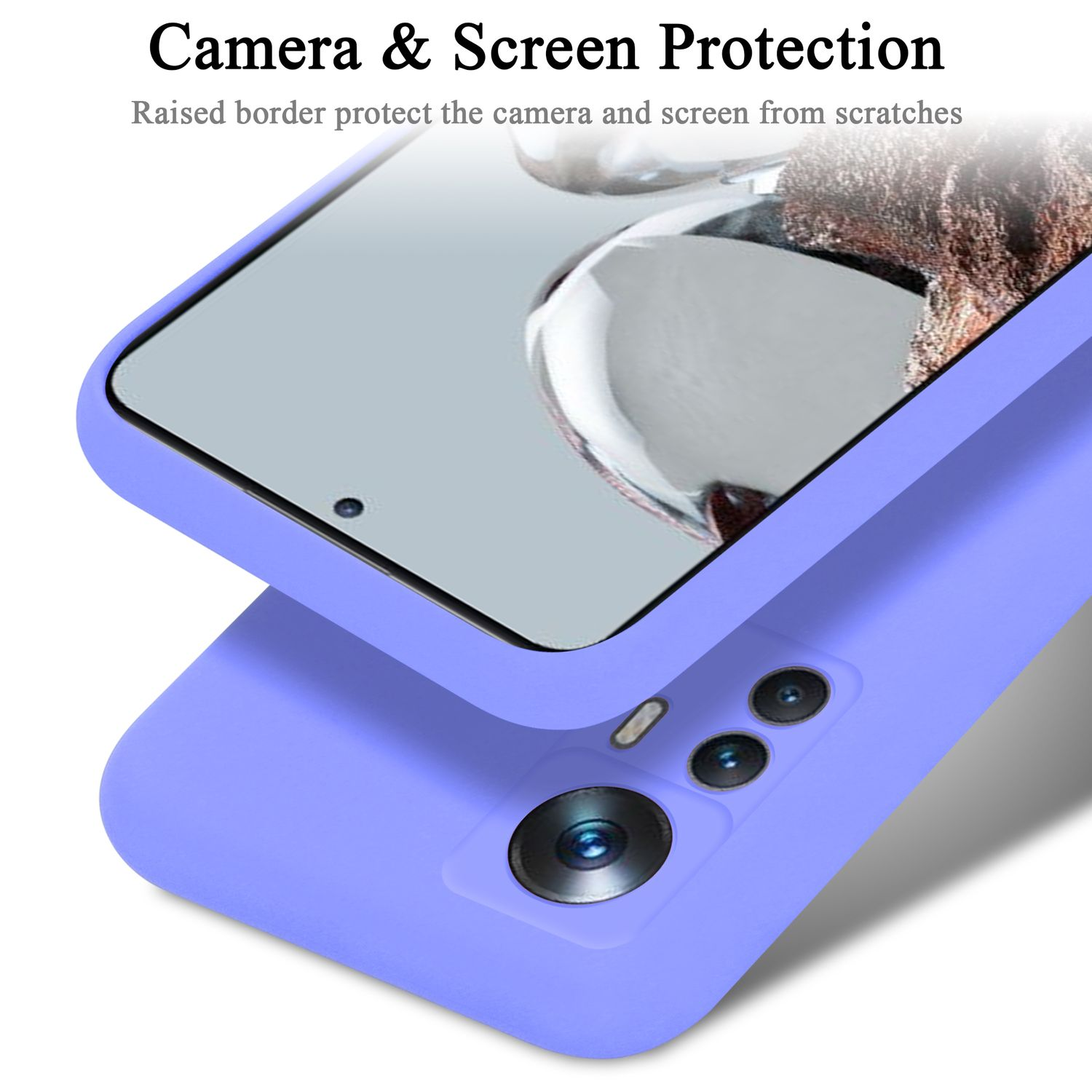 Lila Handyhülle mit Displayschutz. Text lautet 'Camera & Screen Protection'.