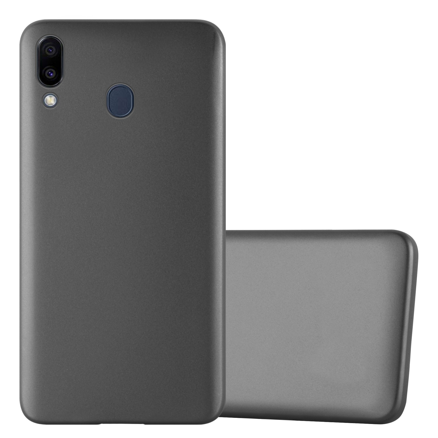 Due custodie per telefono. Una è su un telefono. Il telefono è di colore grigio scuro.