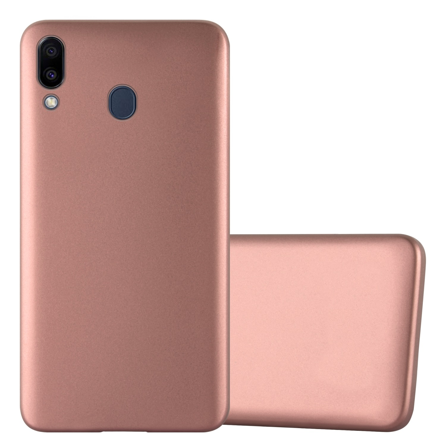 Custodia per telefono oro rosa, con telefono dentro e un'altra in piedi.