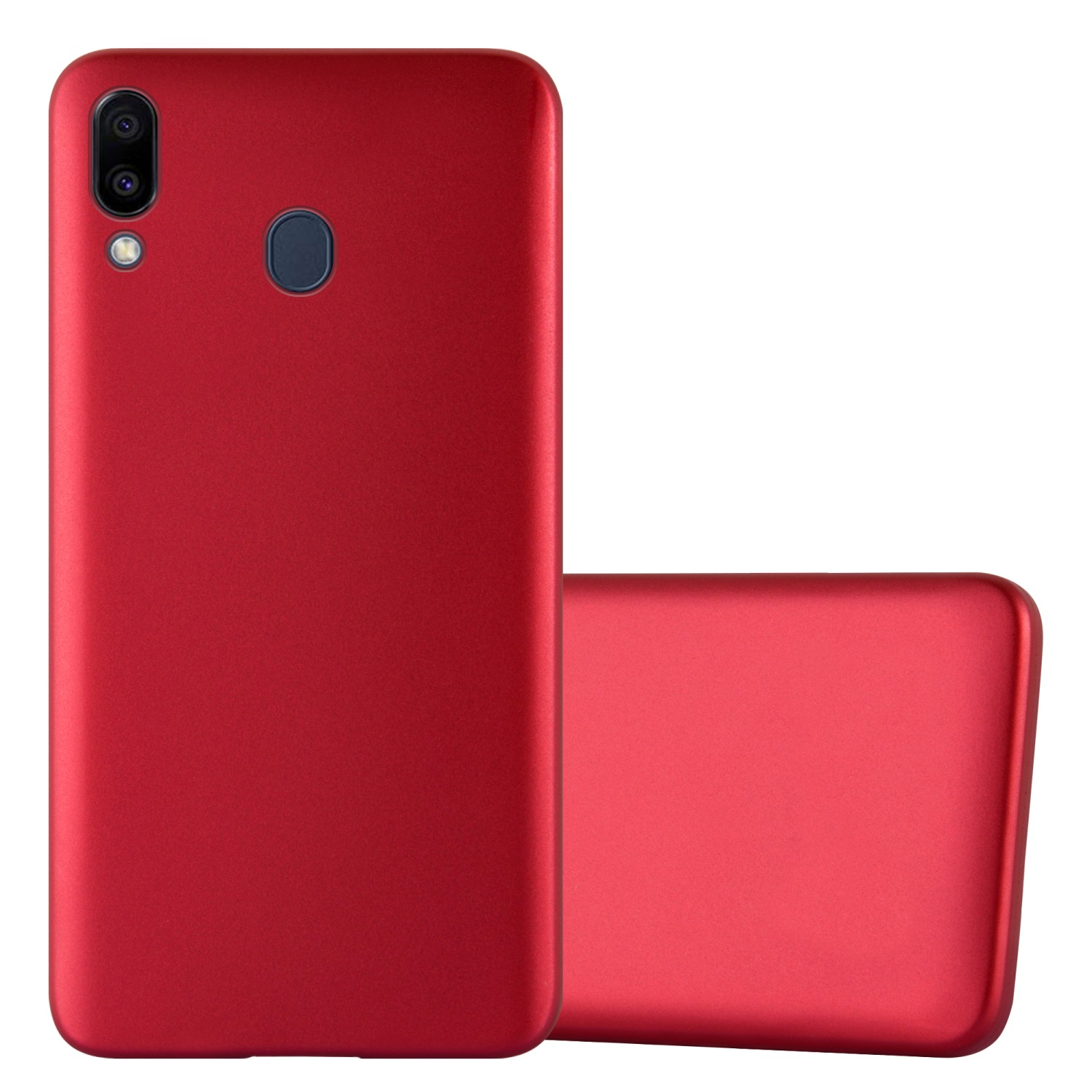 Una custodia per telefono rossa. La custodia è di colore rosso pieno. Un'altra custodia è di lato.
