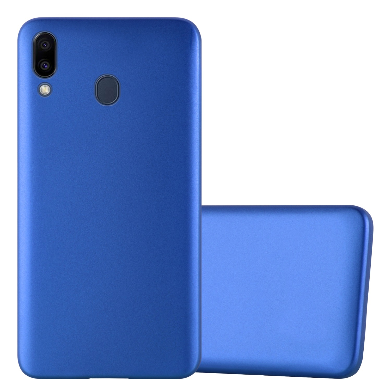Custodia blu per telefono con telefono dentro, con la cover posteriore sollevata.