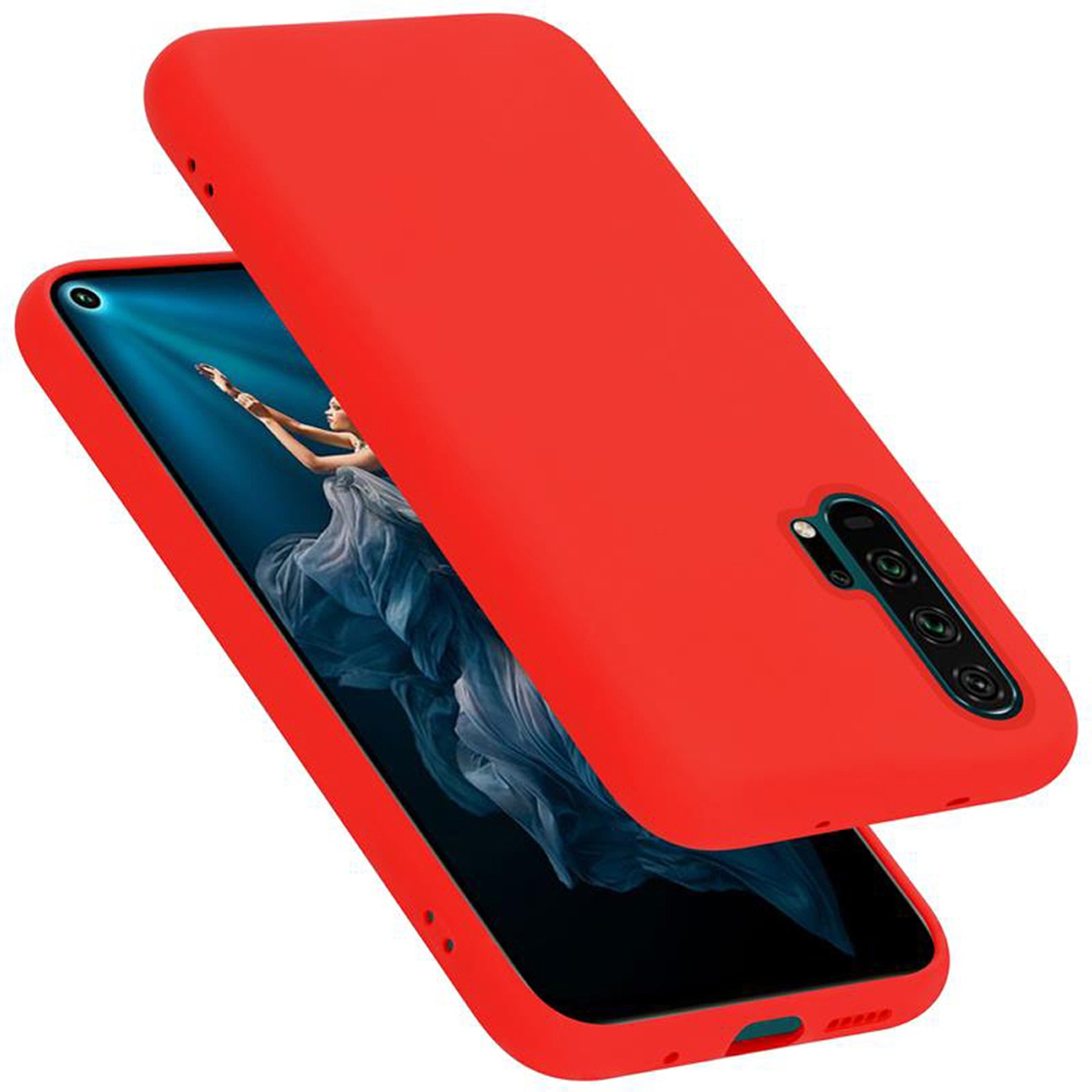 Rote Handyhülle mit Telefon, das eine Frau in einem Kleid zeigt. Eine weitere rote Hülle schwebt.