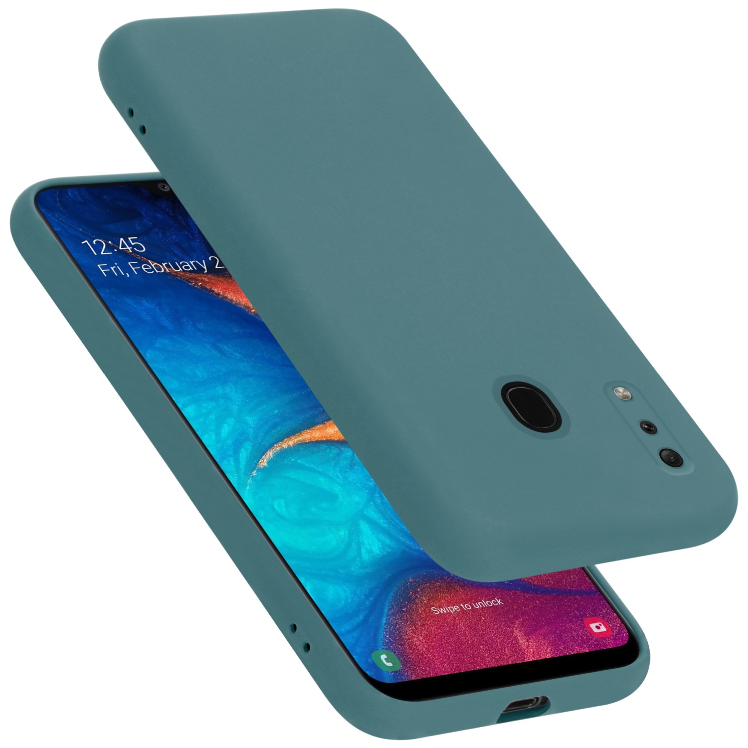 Türkisfarbenes Telefon mit einer türkisfarbenen Hülle oben. Weißer Hintergrund.
