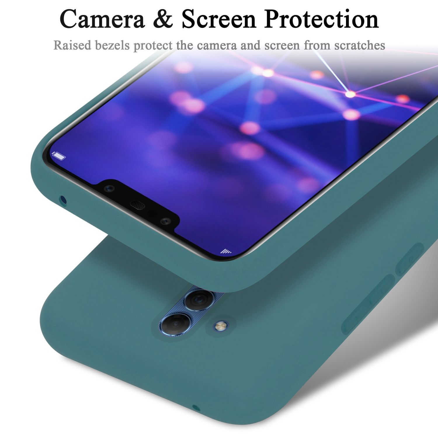Custodia blu per telefono che protegge fotocamera e schermo, con sfondo bianco.