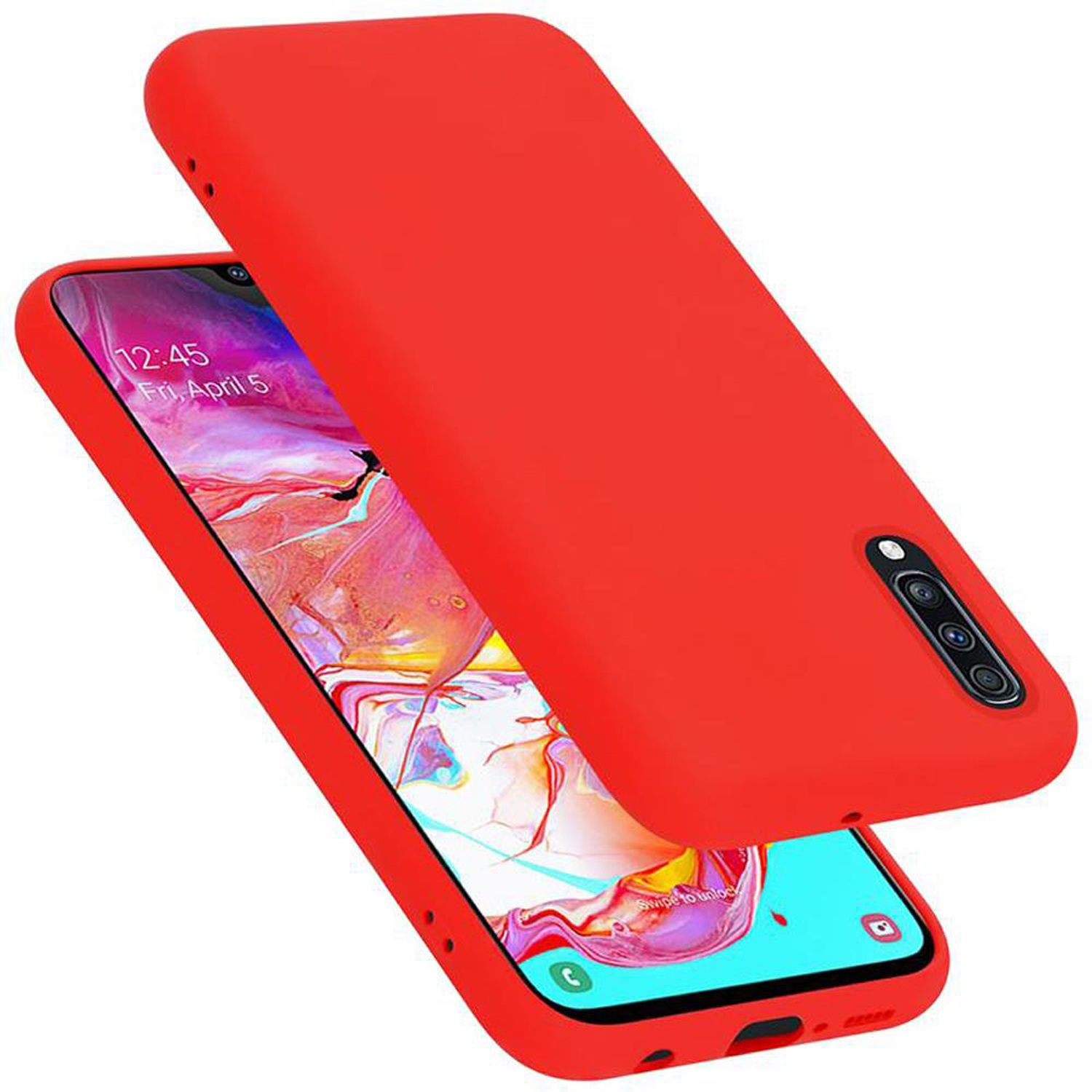 Eine rote Handyhülle mit einem Telefon darin. Der Telefonbildschirm zeigt die Uhrzeit 12:45 und Freitag, 5. April an.