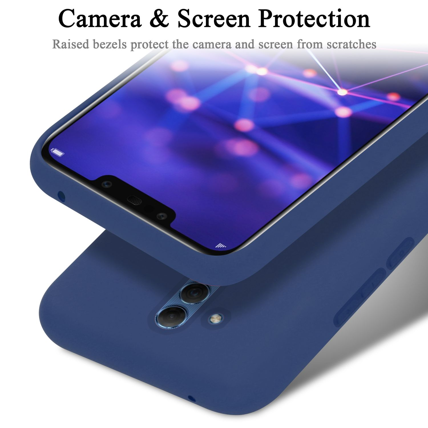 Una custodia per telefono blu navy su un telefono, che protegge lo schermo e la fotocamera, su una superficie bianca.
