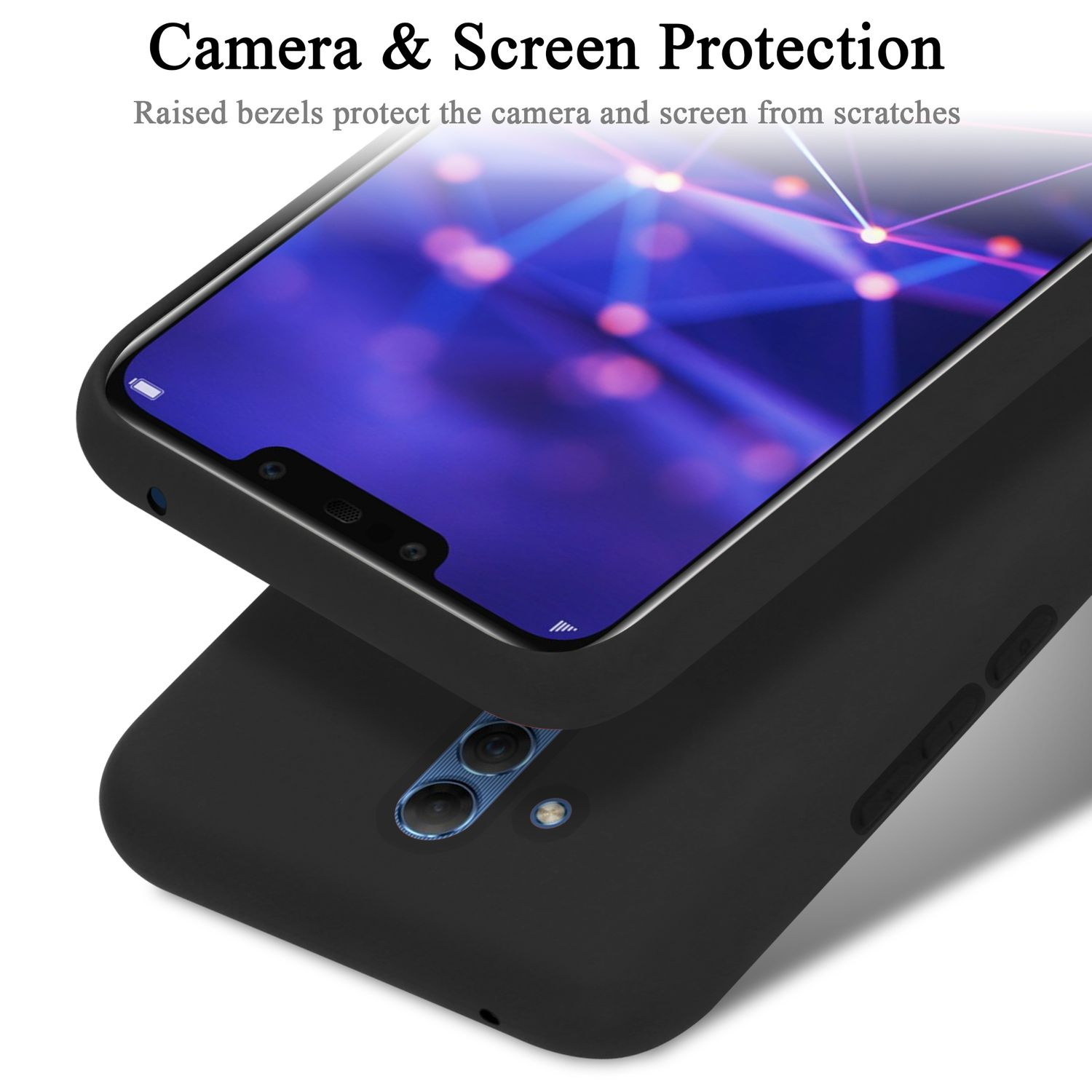 Custodia nera per telefono con telefono che mostra lo schermo. Testo in alto: Protezione fotocamera e schermo.