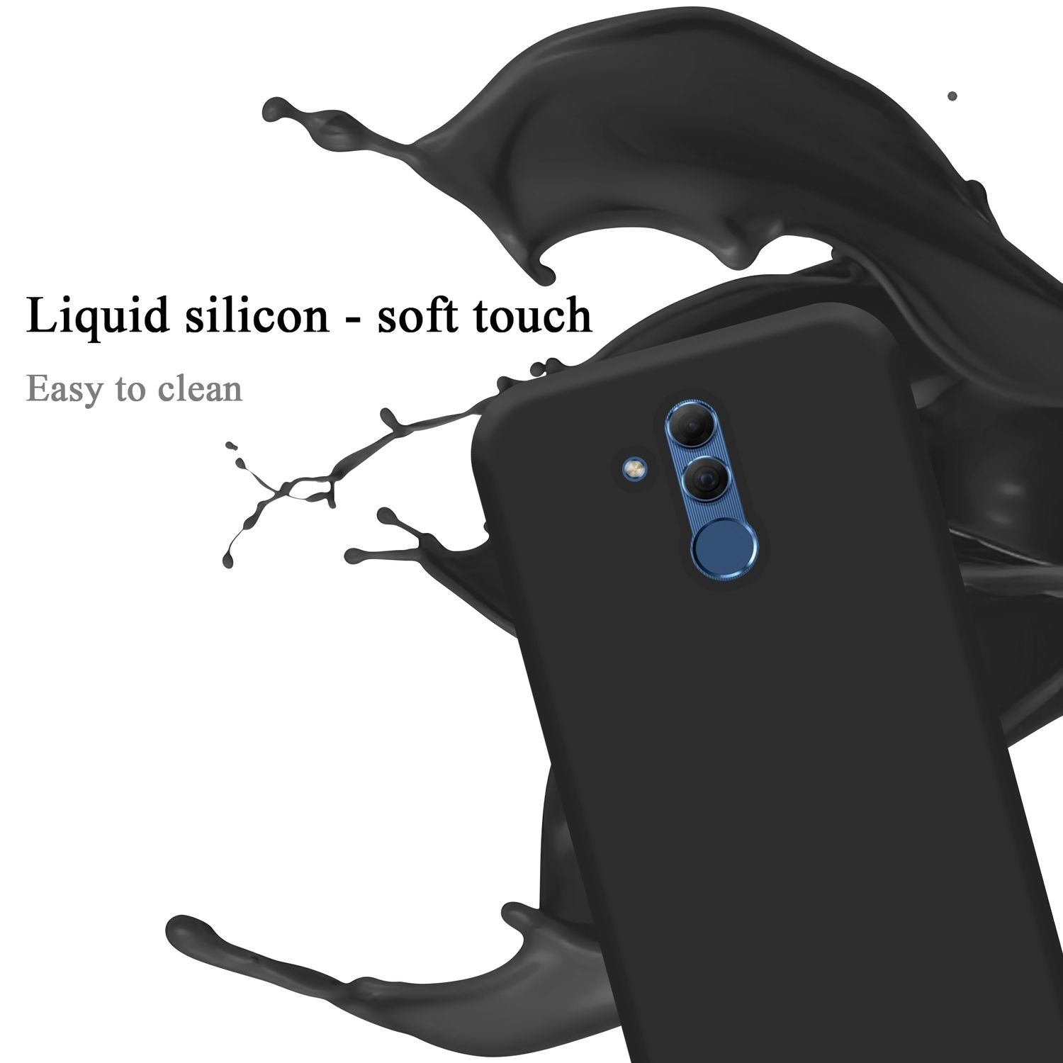 Una custodia per telefono nera con uno schizzo di liquido nero sullo sfondo. La custodia ha tre fori per la fotocamera.
