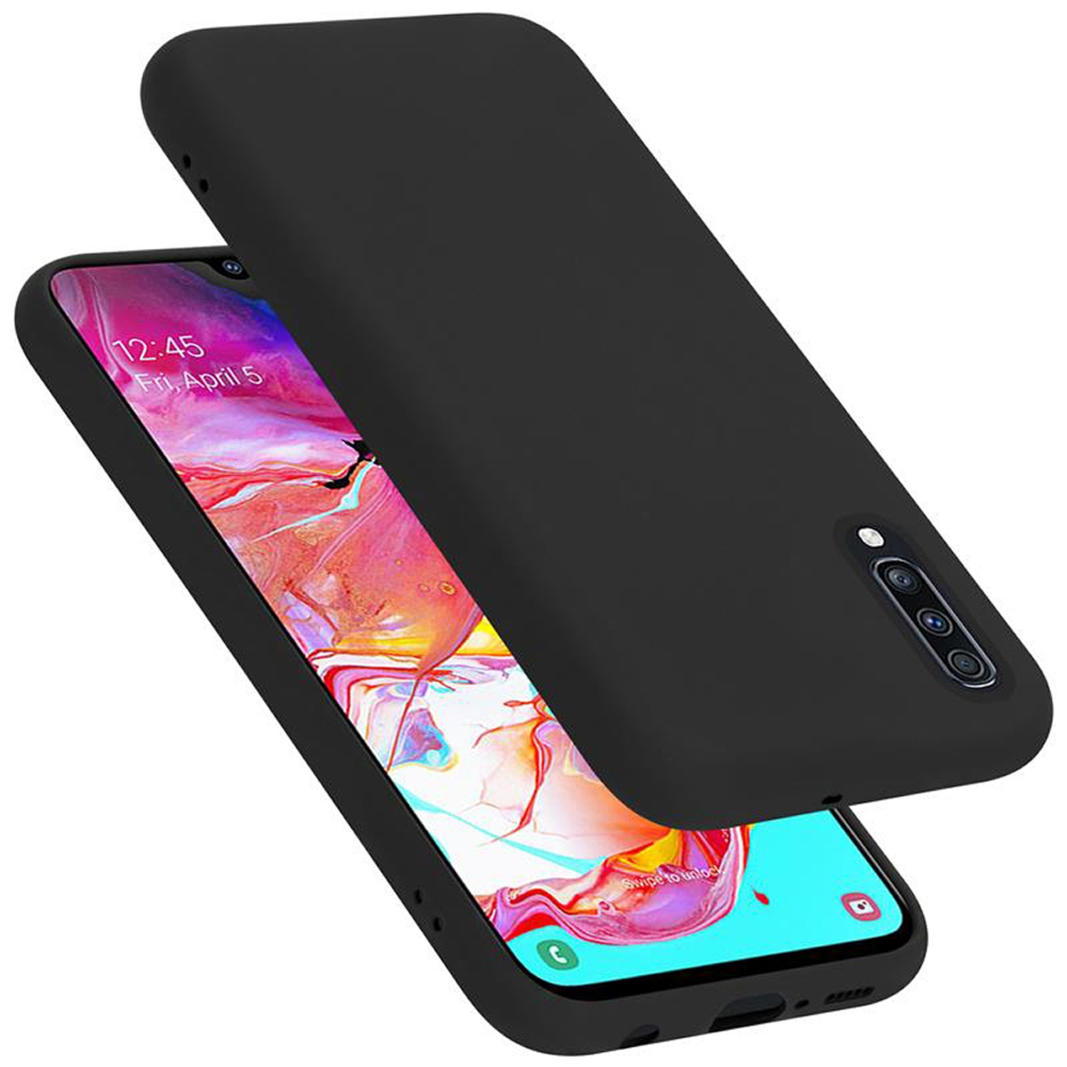 Schwarzes Telefon mit schwarzer Hülle. Weißer Hintergrund.