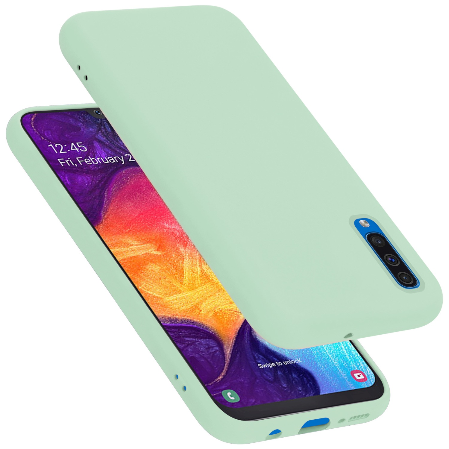 Ein mintgrünes Telefon mit Hülle und Bildschirm mit farbenfrohem Hintergrundbild.