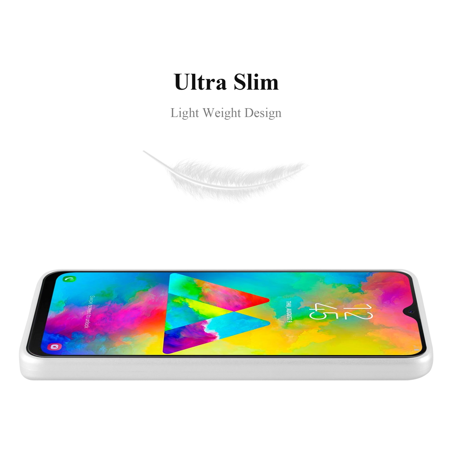 Custodia per telefono con un design sottile, schermo del telefono visibile e acceso.
