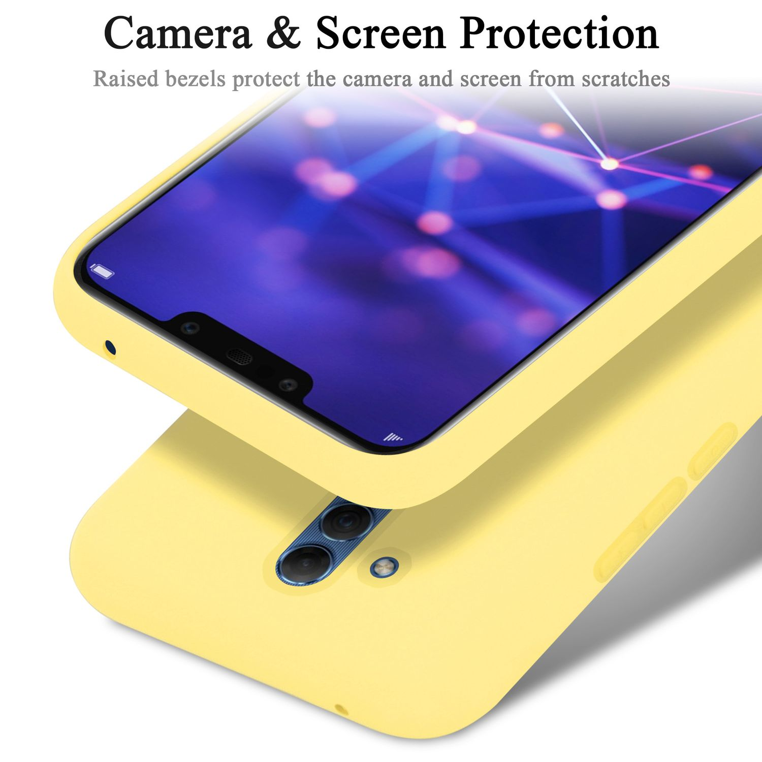Custodia gialla con schermo del telefono. Il testo dice: Protezione fotocamera e schermo.