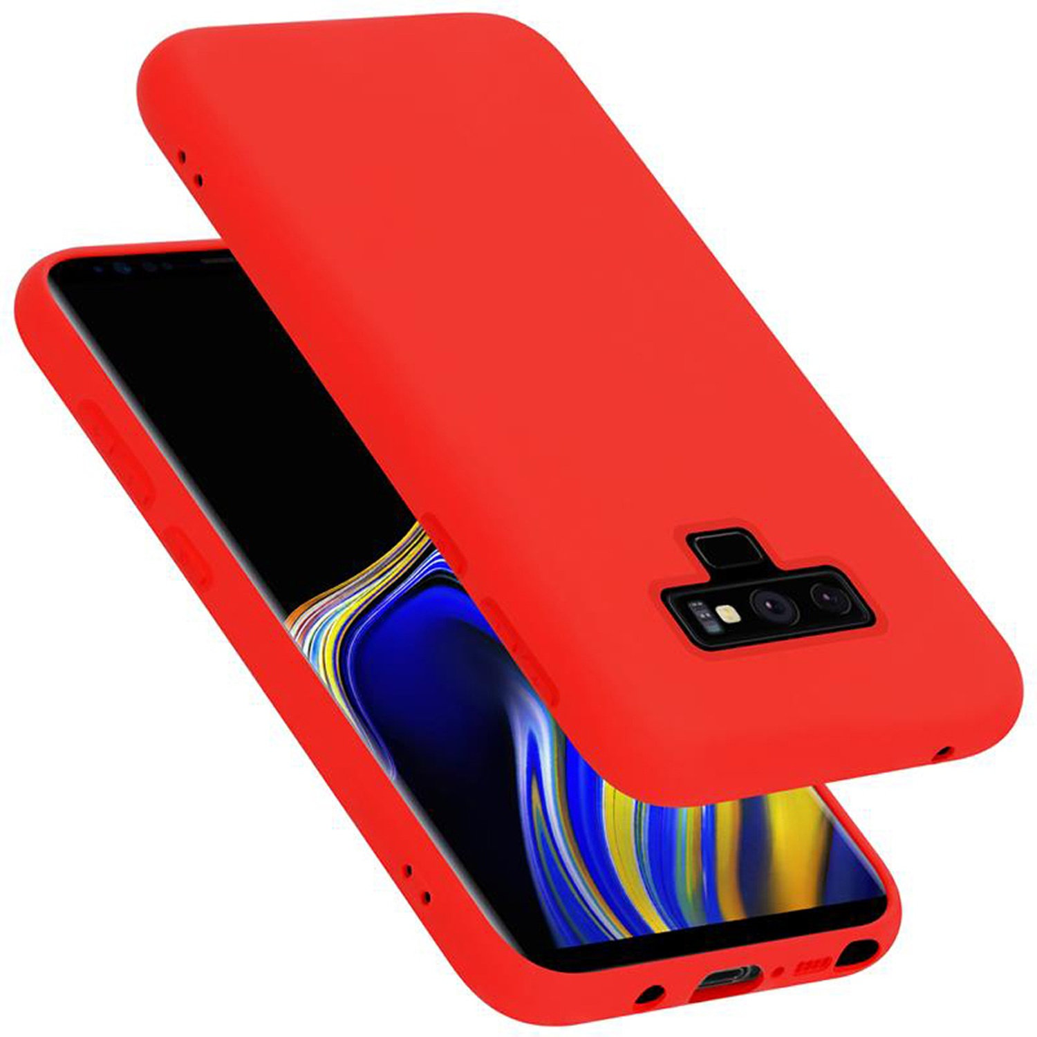 Rote Handyhülle bedeckt ein Smartphone. Die Hülle ist oben und ein Telefon unten. Die Kameras sind sichtbar.
