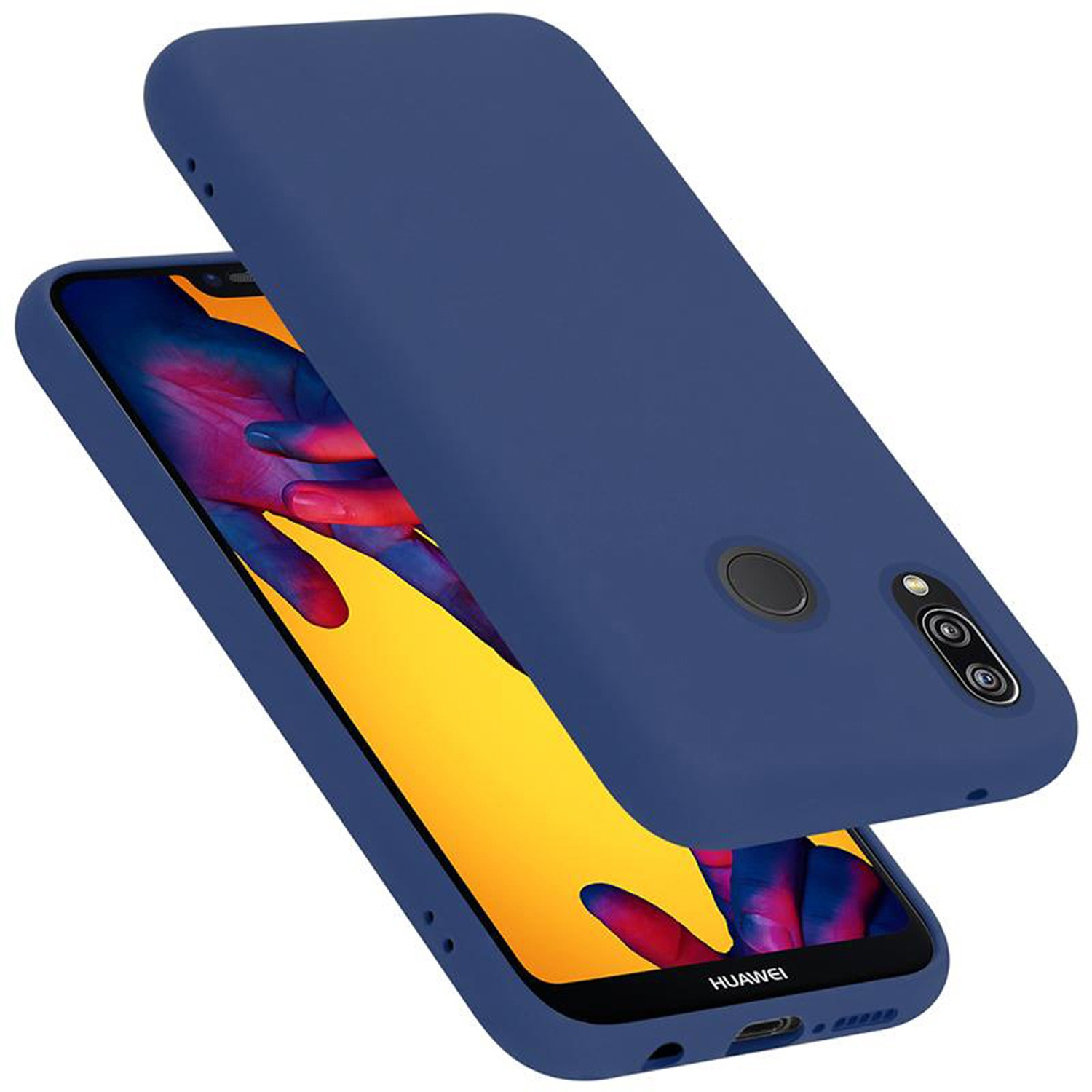 Ein marineblaues Telefon mit Hülle und Bildschirm mit farbenfrohem Hintergrundbild.
