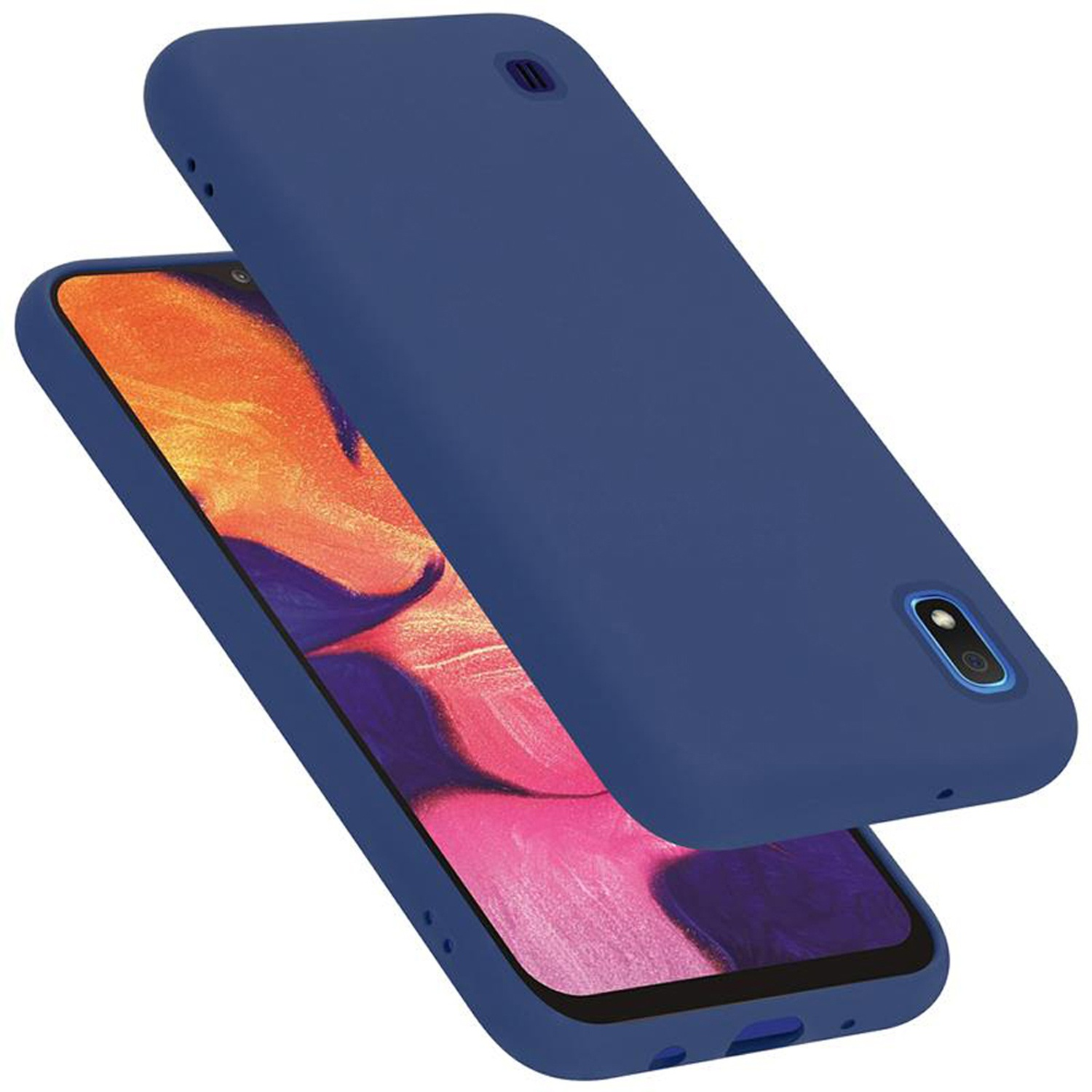 Blaue Handyhülle. Zwei Hüllen abgebildet, eine über einem Telefon, die andere daneben.